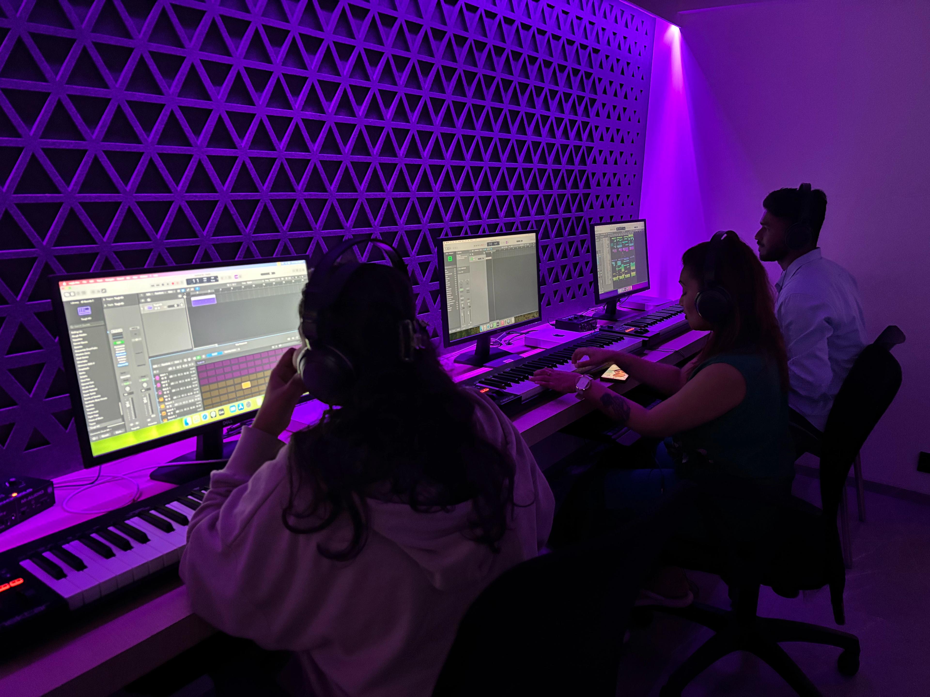 Professional recording studio with mixing console