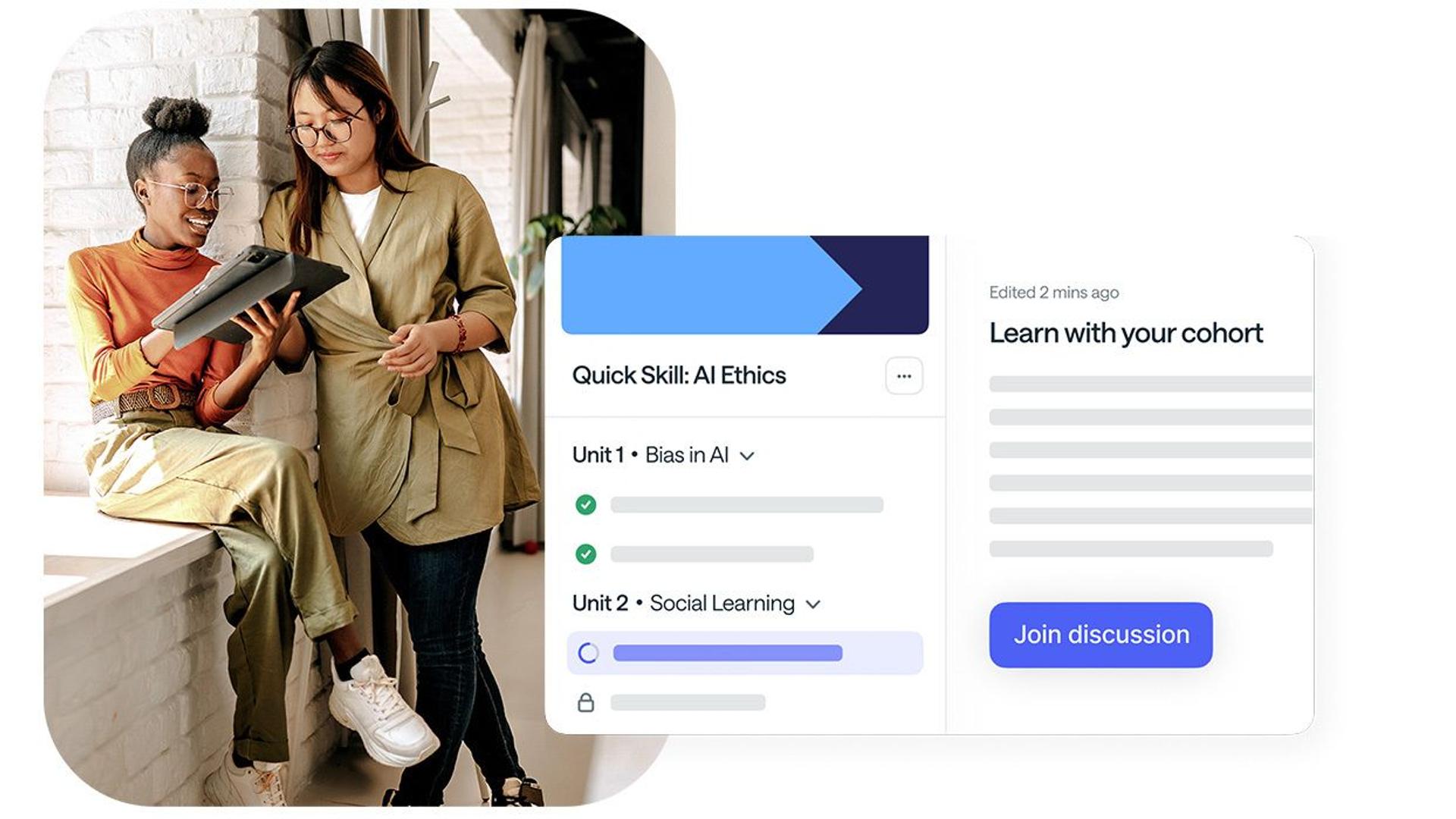 AI taster modules - two women learning from an iPad and a screenshot of the AI modules user interface