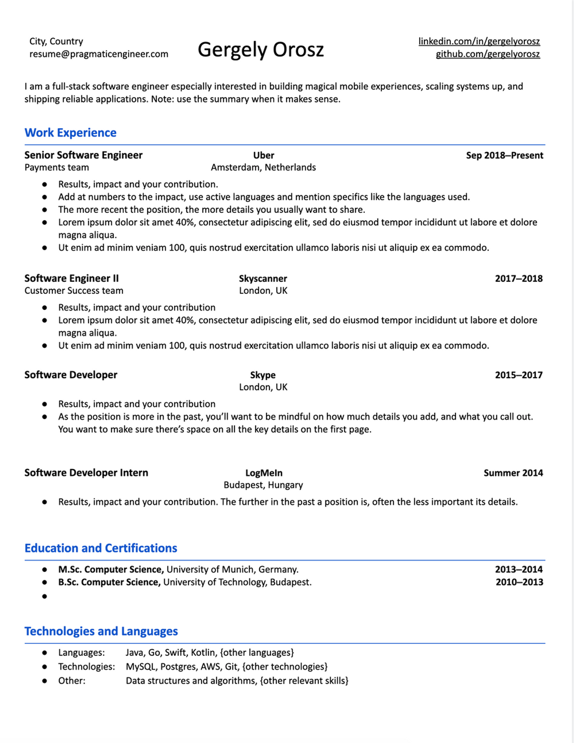 resume template for lots of experience