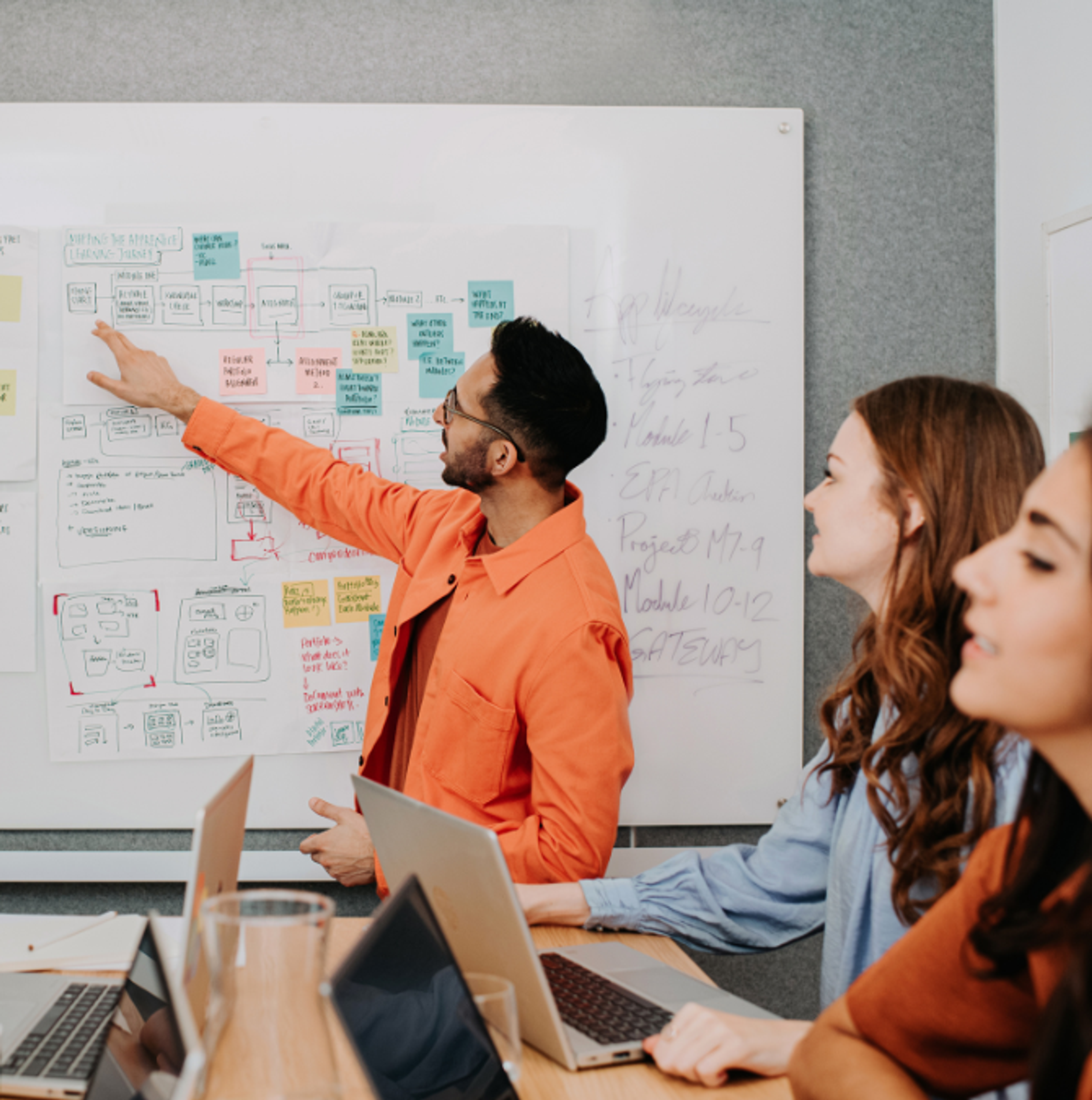 One man presenting at a whiteboard with two colleagues in the shot
