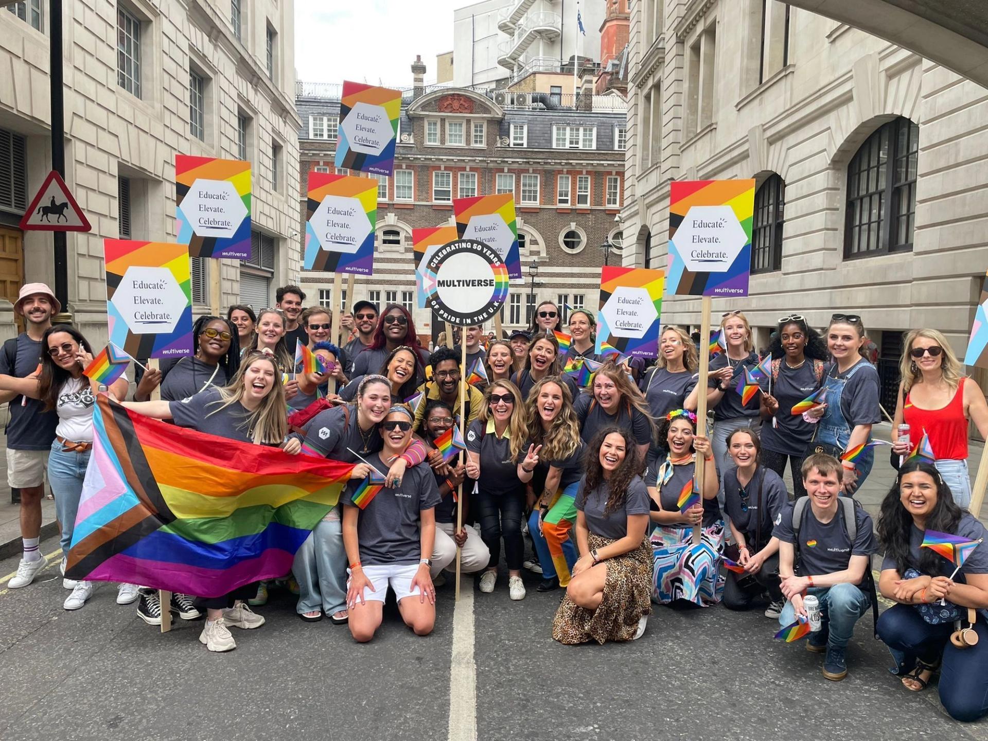 Large group of Multiverse employees at the London Pride parade