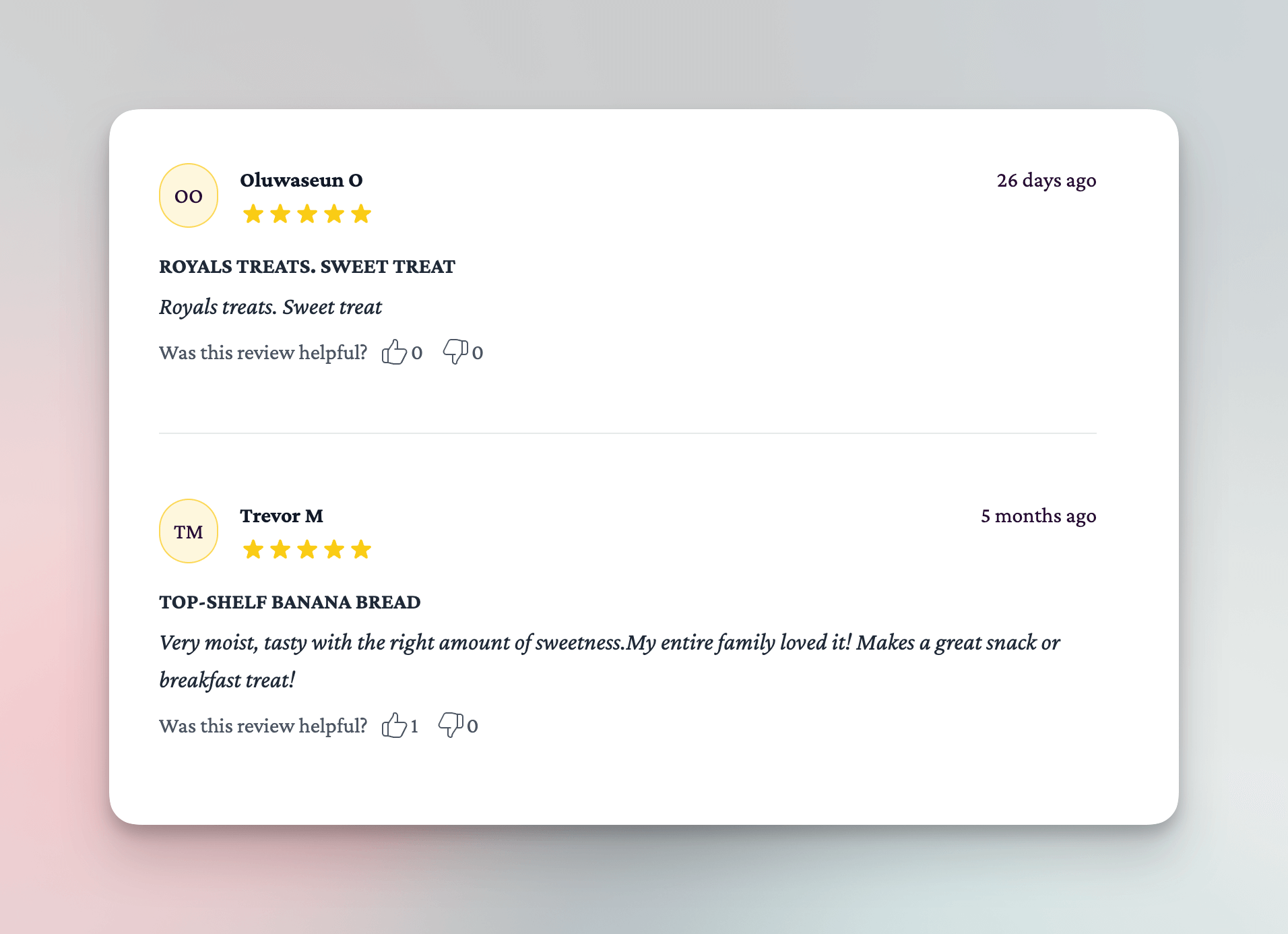 Screenshot of a reviews section on treatsroyale.ca