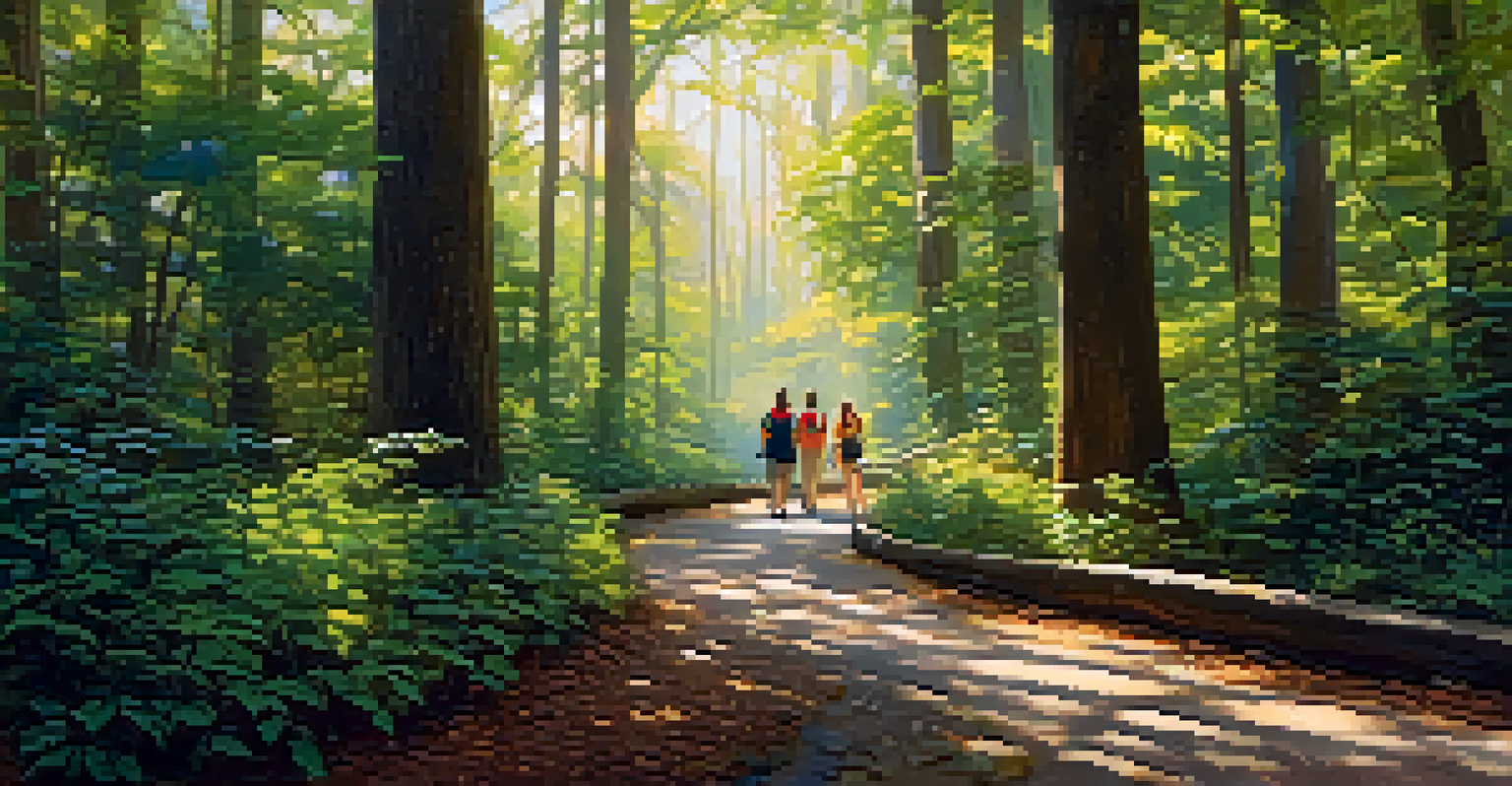 A peaceful forest path with tall trees and sunlight filtering through leaves, with a family walking along the trail.