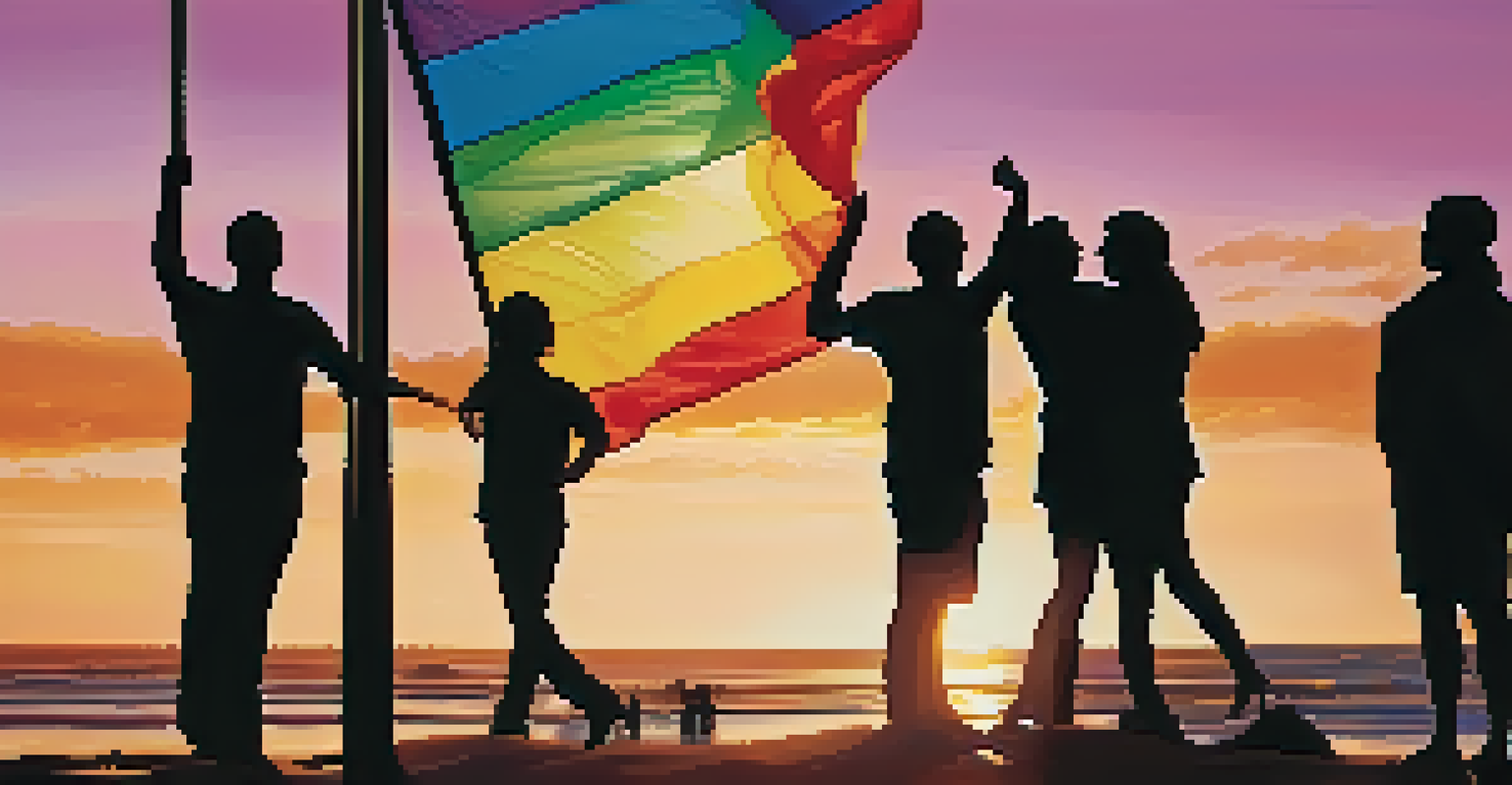 A close-up of a rainbow flag illuminated by sunset light, with silhouettes of people celebrating in the background.