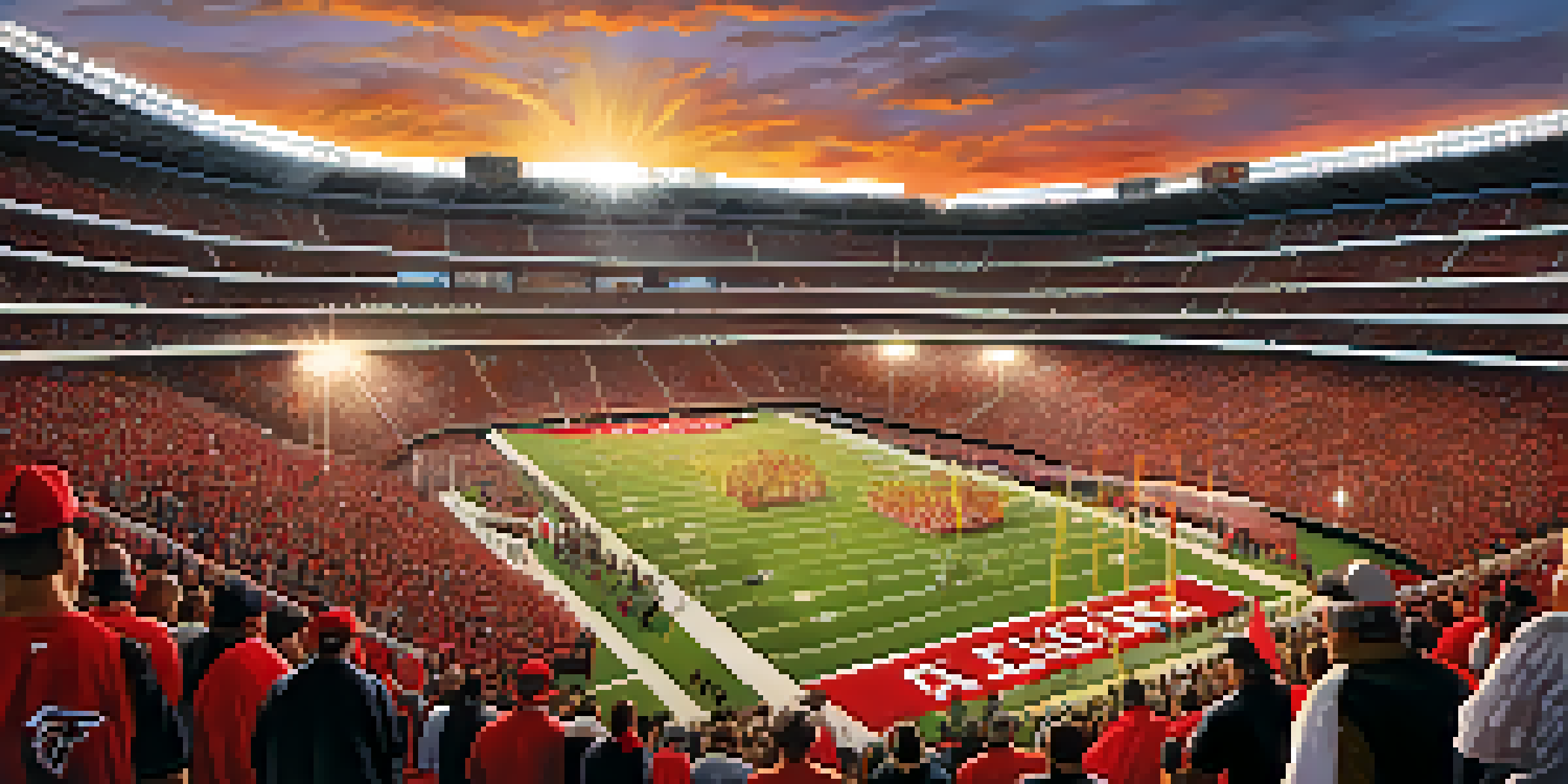A lively football stadium packed with enthusiastic Atlanta Falcons fans cheering and waving flags during a sunset.