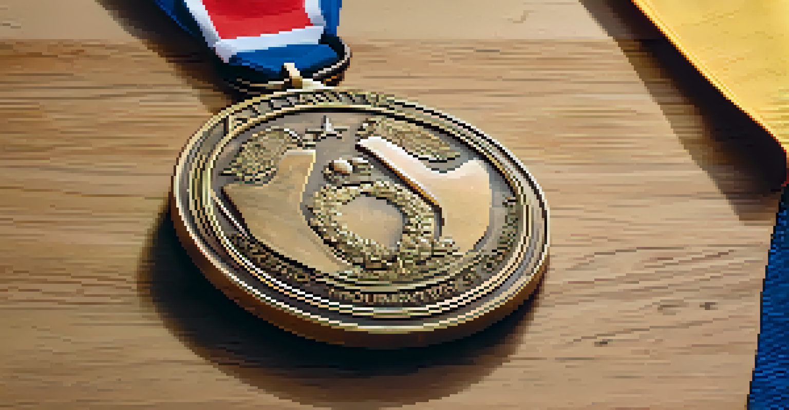 A close-up of an Olympic medal from the 1996 Atlanta Games, surrounded by flags and cultural artifacts, softly lit.