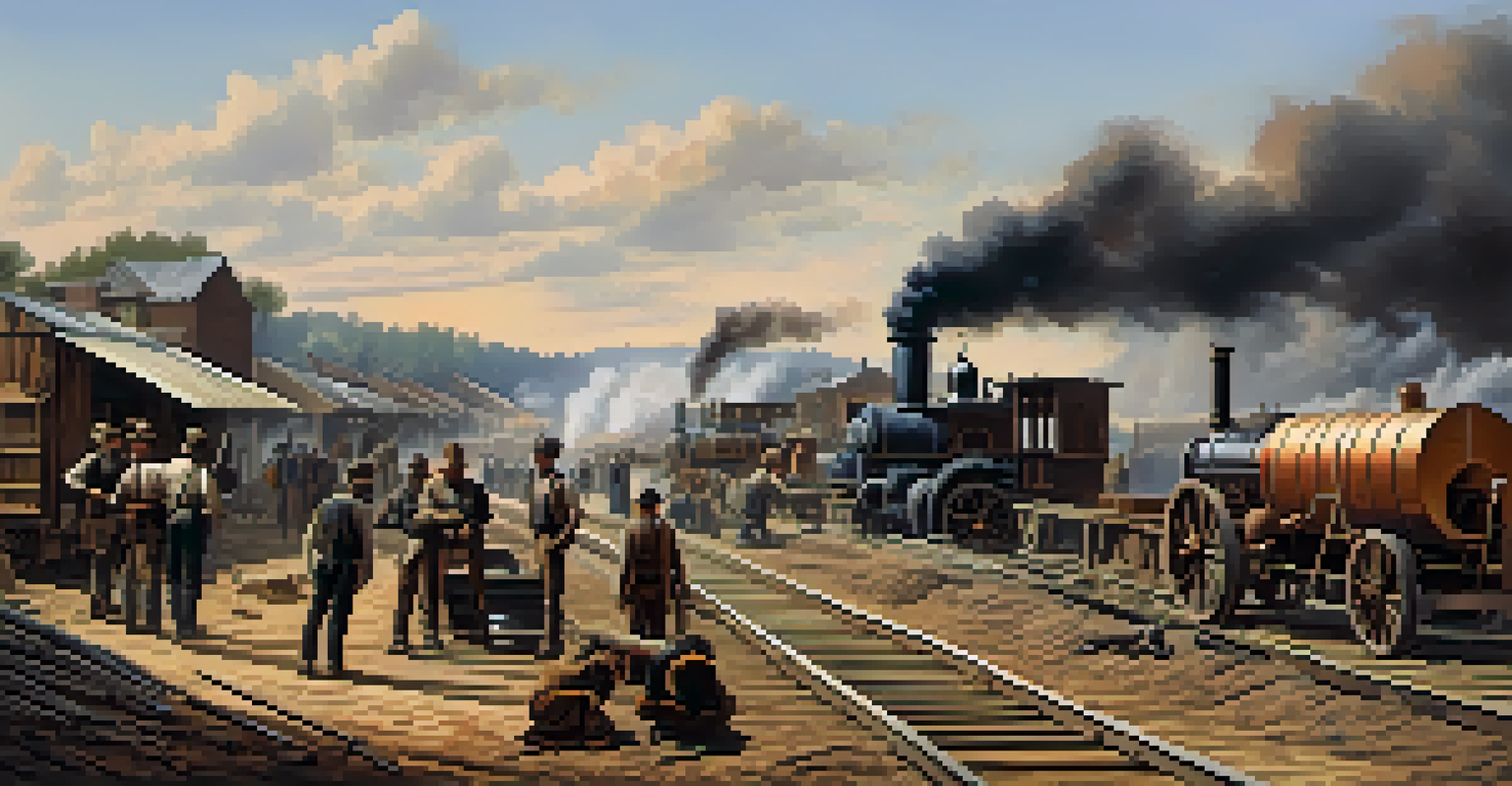 A busy construction scene of the Western and Atlantic Railroad in the late 1830s, with workers and steam-powered machinery.