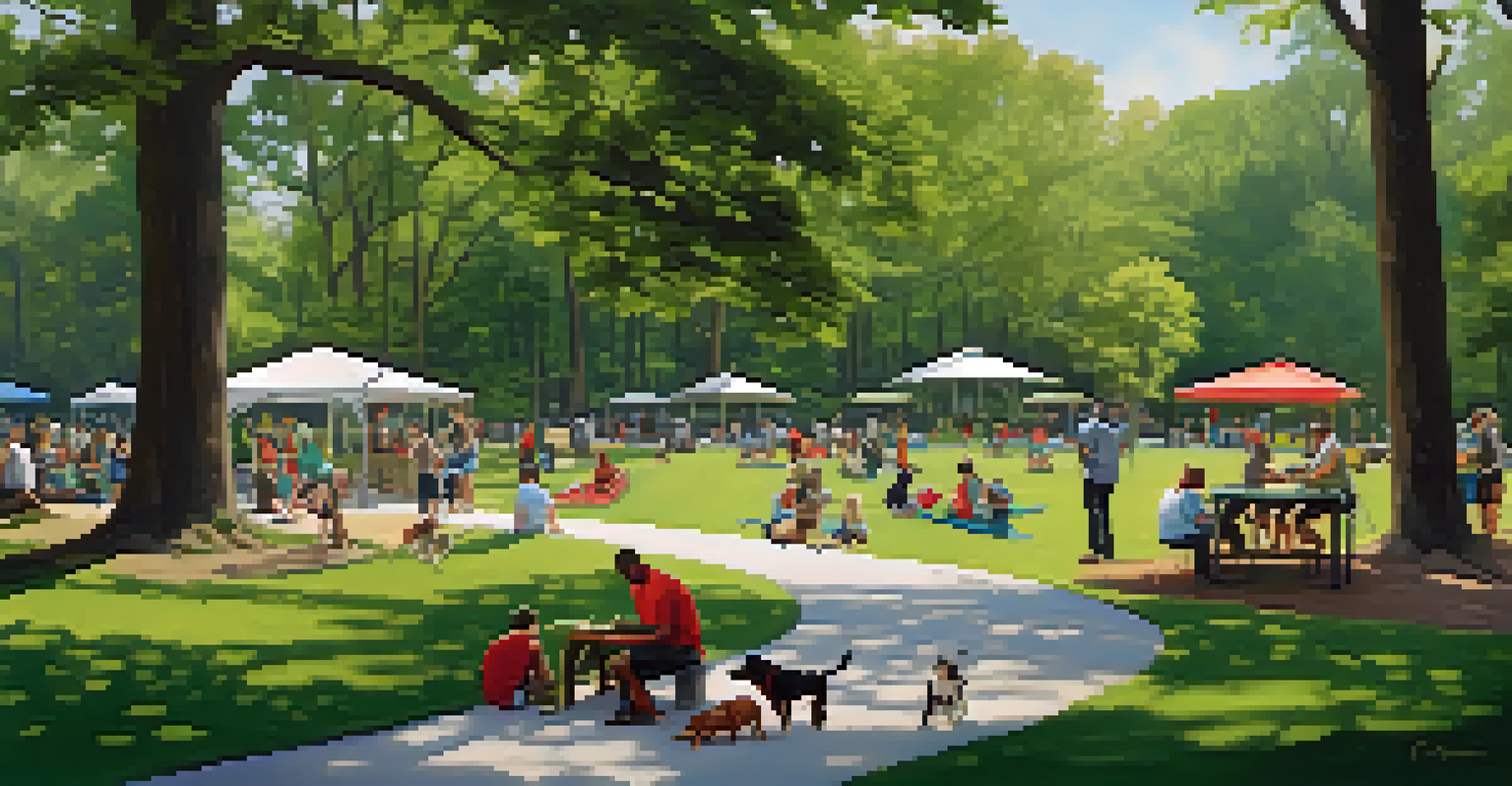 A peaceful view of Chastain Park with dogs playing in the dog park and people enjoying a picnic among lush trees.