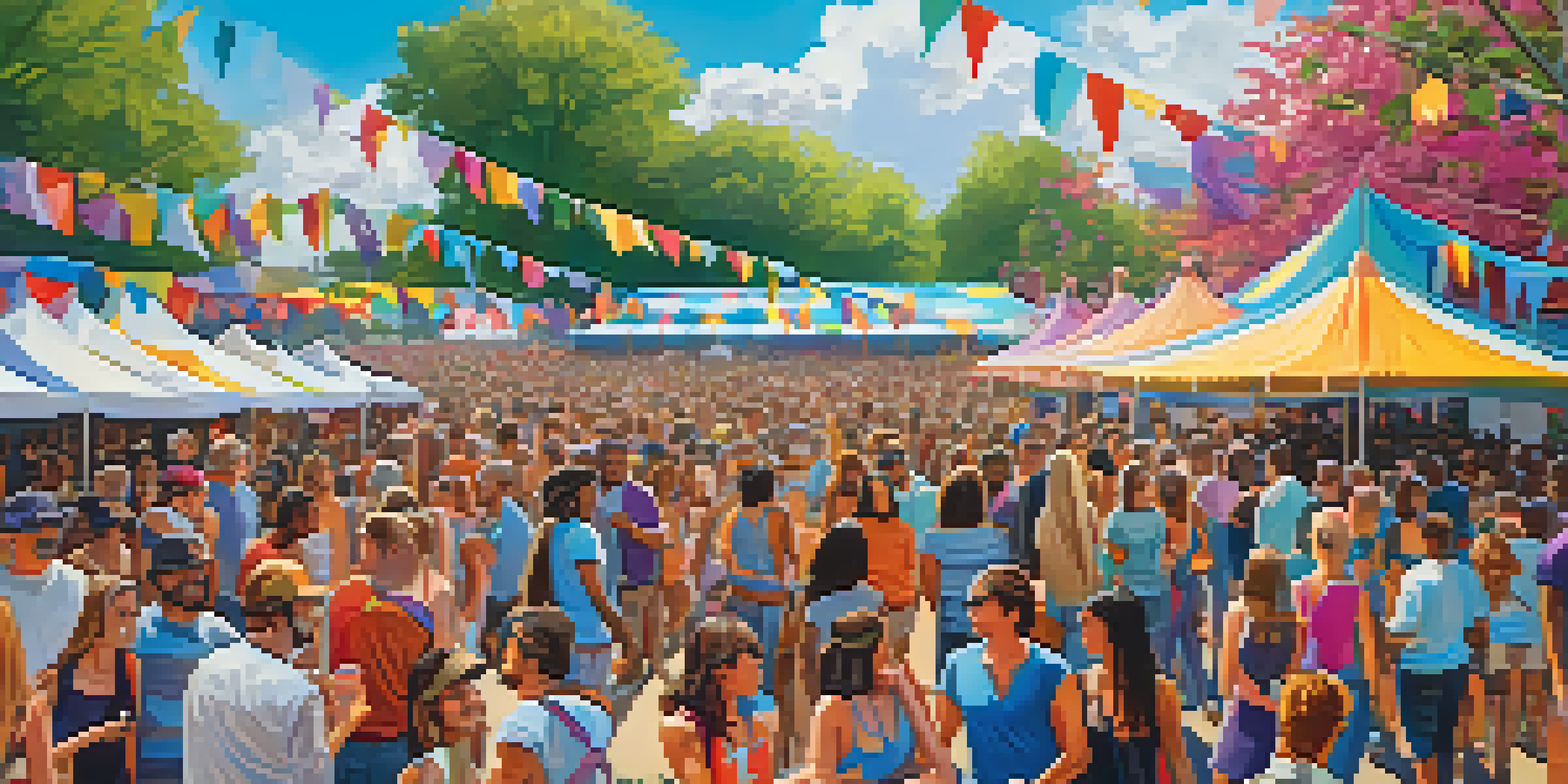 A lively outdoor music festival in Atlanta with diverse attendees enjoying performances in a park setting.