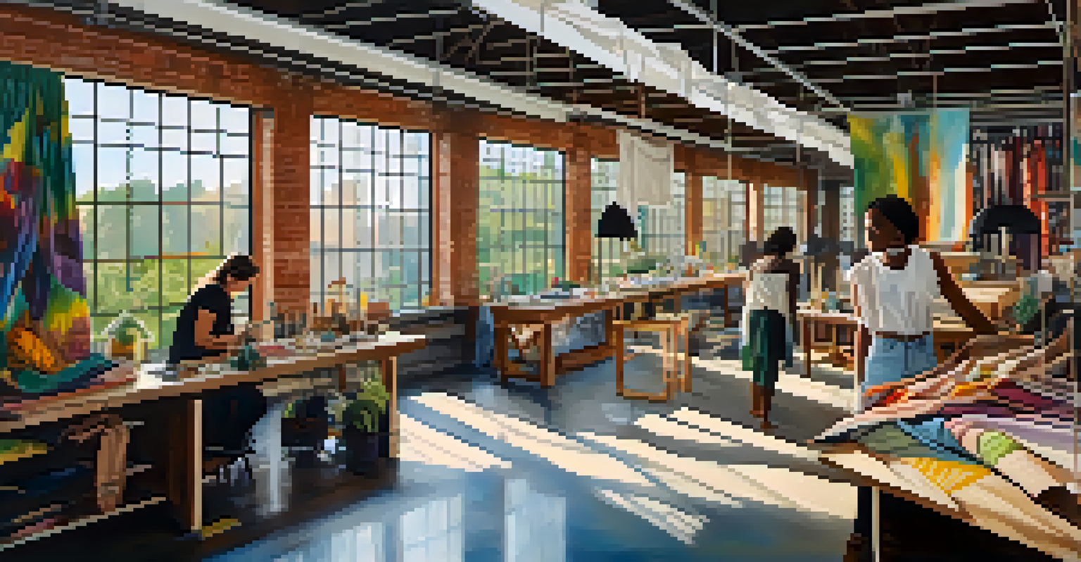 A workshop showcasing local designers working on sustainable fashion pieces with vibrant fabrics and natural light.