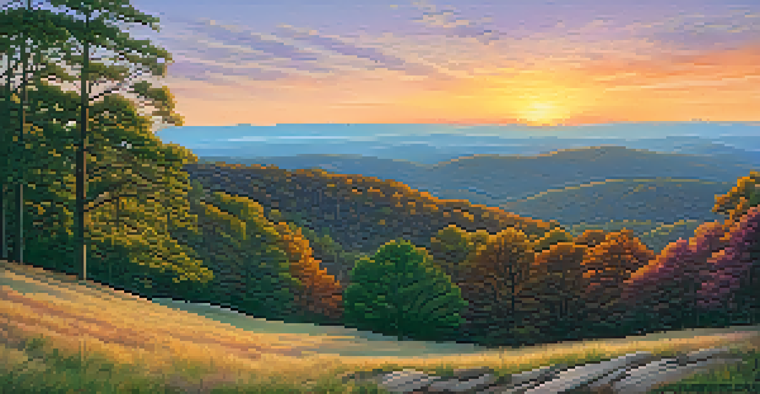 A stunning sunset view from Kennesaw Mountain, with rolling hills and valleys illuminated in golden light and a colorful sky.