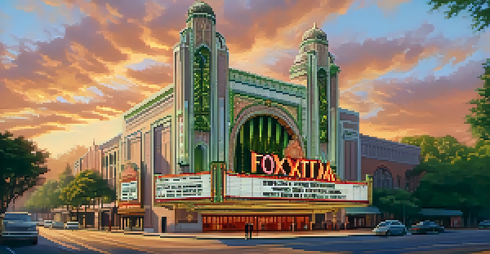 A beautiful view of the Fox Theatre in Atlanta, featuring its detailed Moorish architecture illuminated by sunset light.