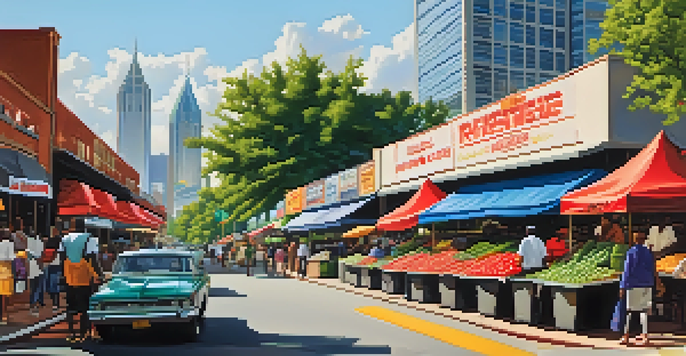 A bustling market scene in Atlanta with colorful food stalls and diverse groups of people enjoying the vibrant atmosphere.