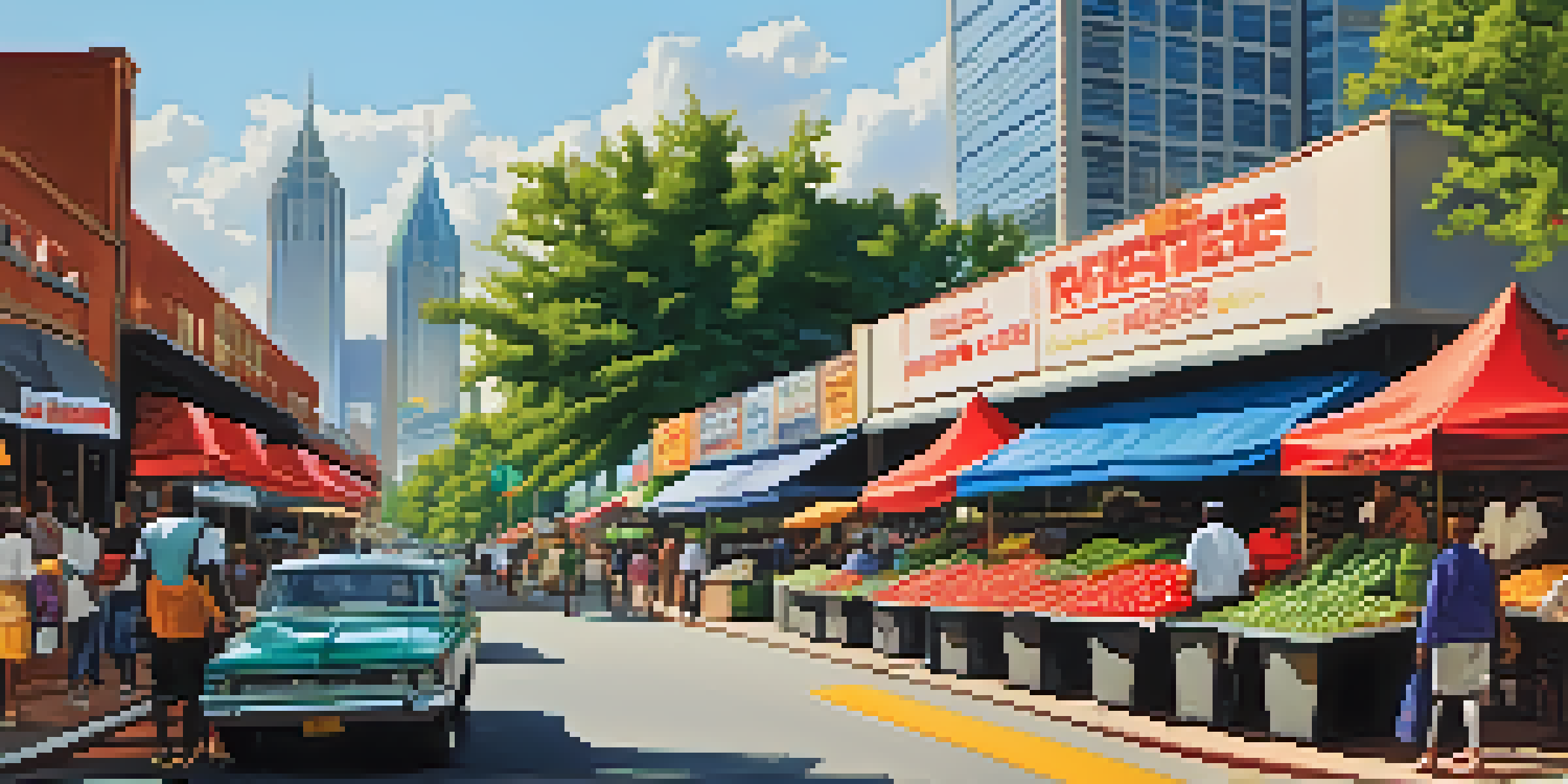 A bustling market scene in Atlanta with colorful food stalls and diverse groups of people enjoying the vibrant atmosphere.