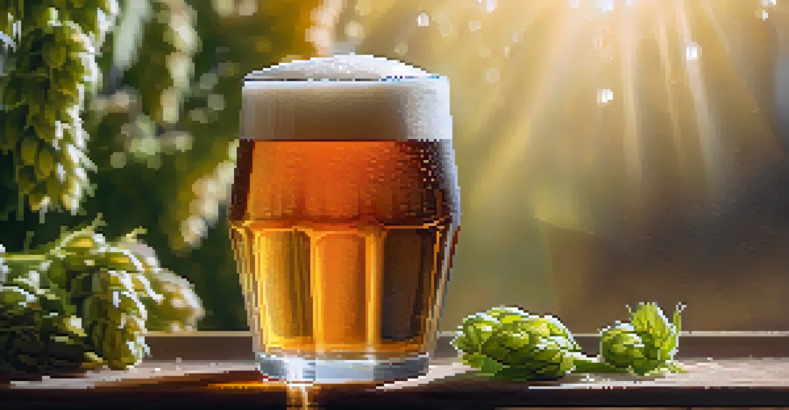Close-up of a freshly poured pint of craft beer with a frothy head, surrounded by hops and barley grains.