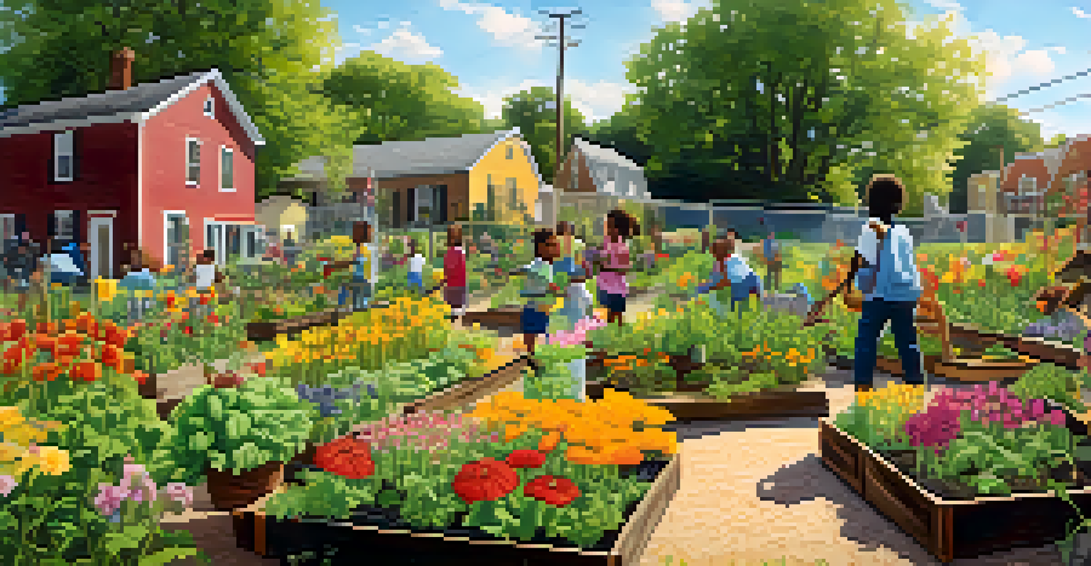 A vibrant community garden in Atlanta with children learning about gardening, surrounded by blooming flowers and vegetables.
