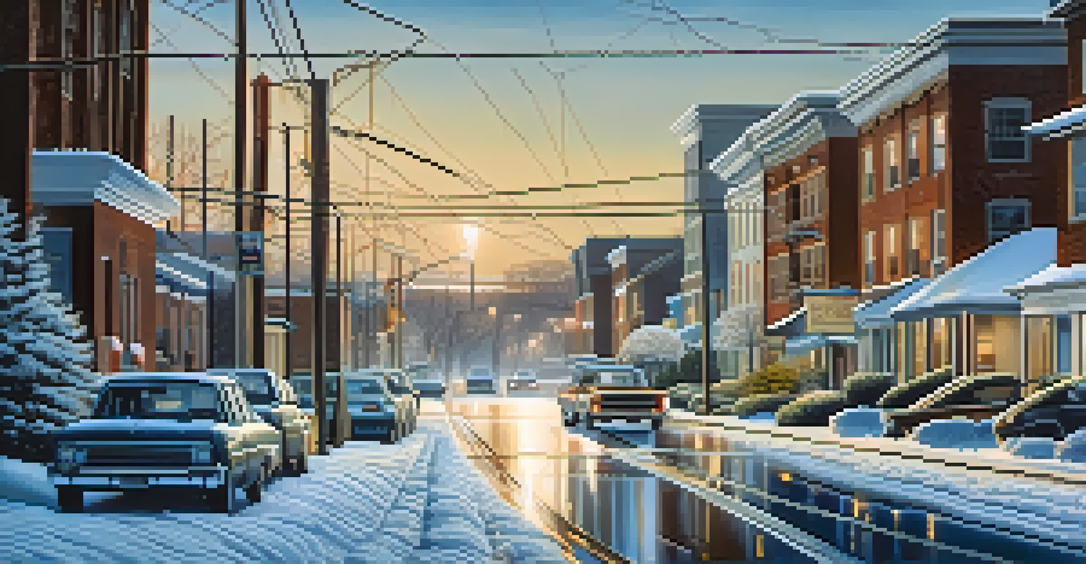 A serene scene of an ice storm in Atlanta, with ice-covered trees and cautious residents walking on slick roads.