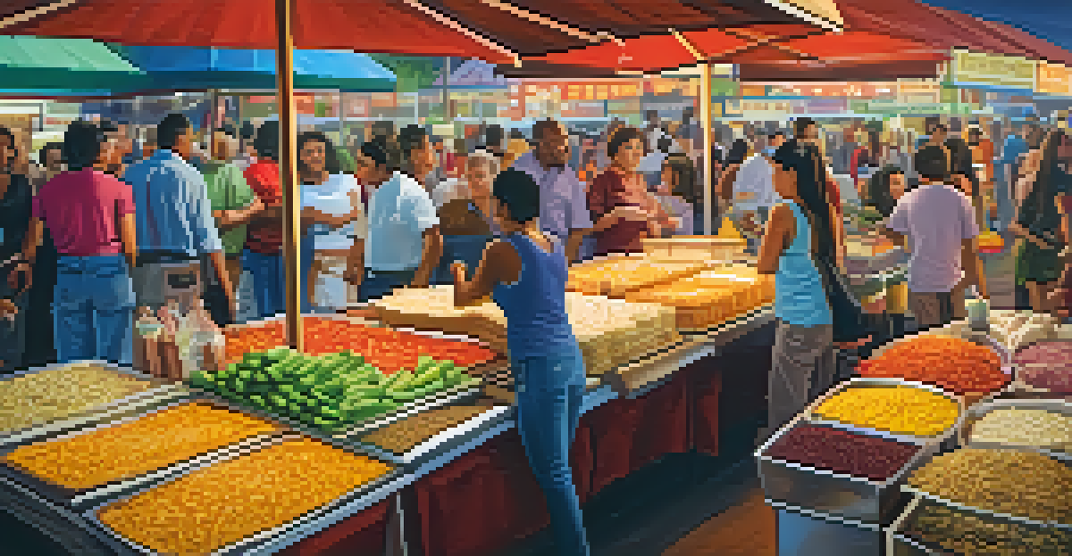 A close-up of a Latino food market with colorful dishes and a lively atmosphere.