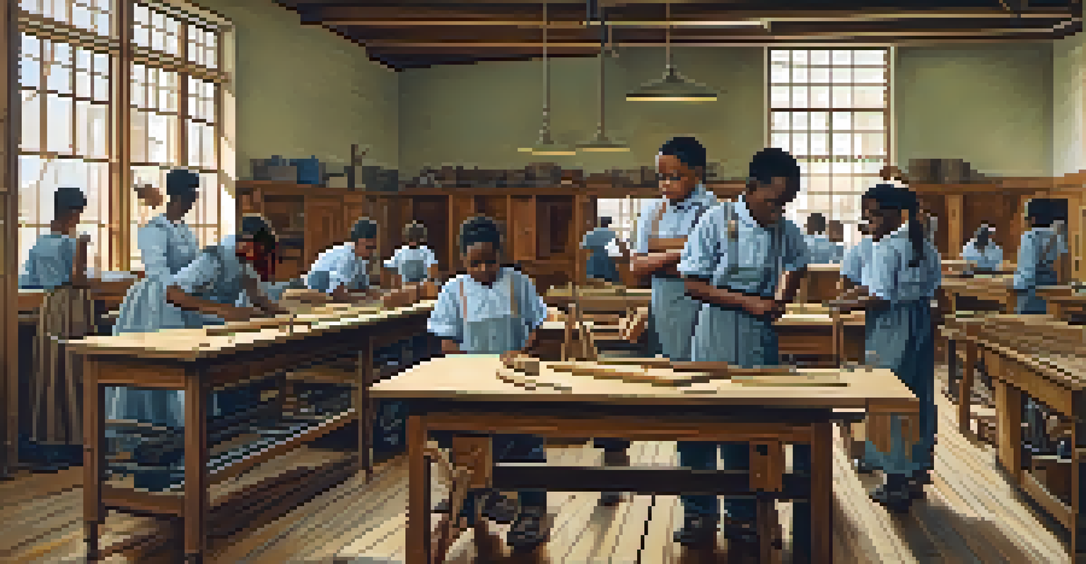 A historical classroom scene showing African American students engaged in vocational training activities.