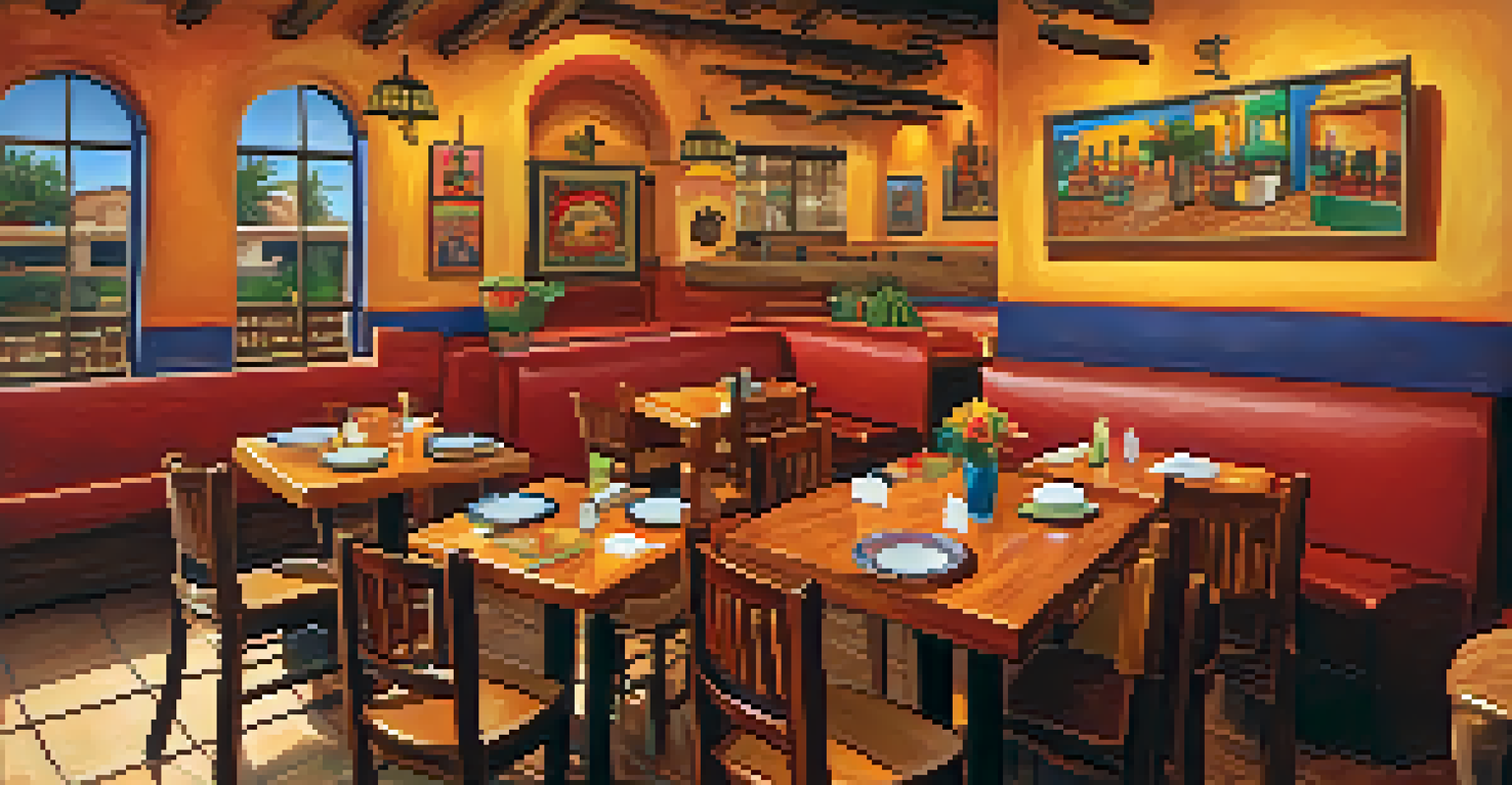 The interior of a Mexican restaurant with wooden tables, vibrant decor, colorful plates of tacos, and a cozy atmosphere filled with warm lighting.
