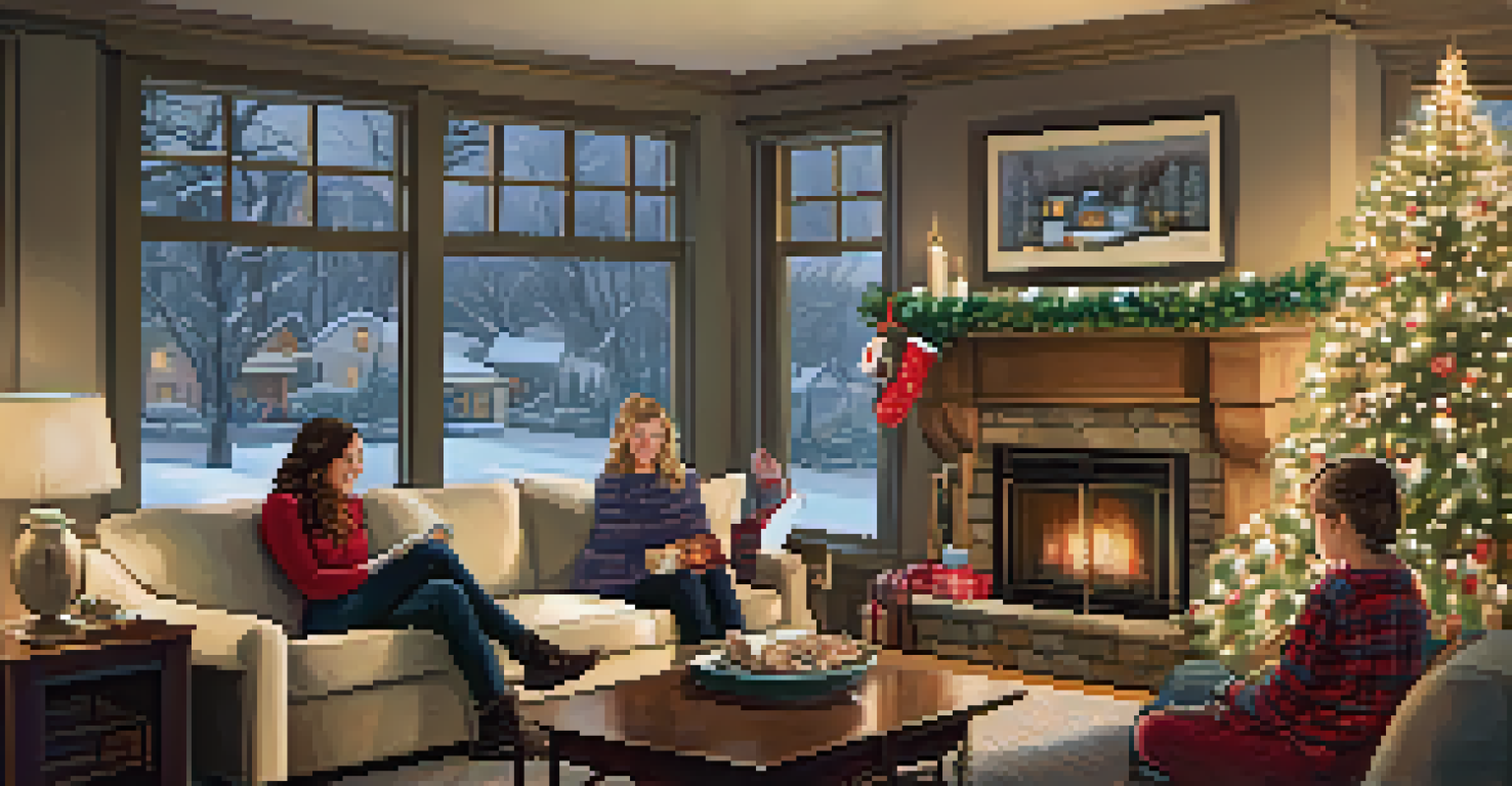 A family enjoying a cozy indoor scene by the fireplace during a snow day, with snow falling outside the window.