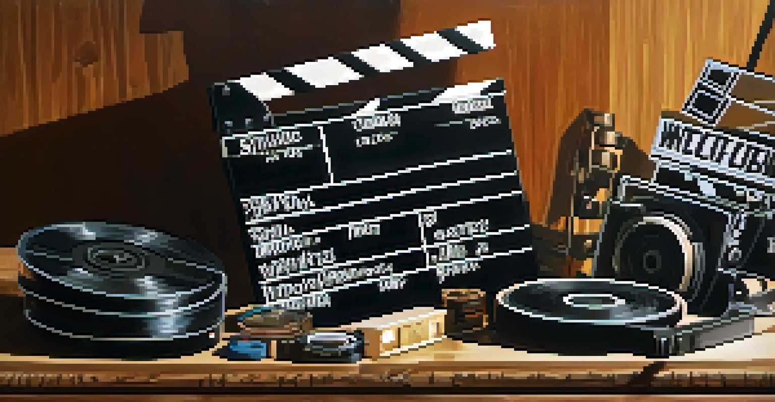 A close-up of a film clapperboard on a wooden table, surrounded by vintage film reels and camera equipment, illuminated by soft warm lighting.