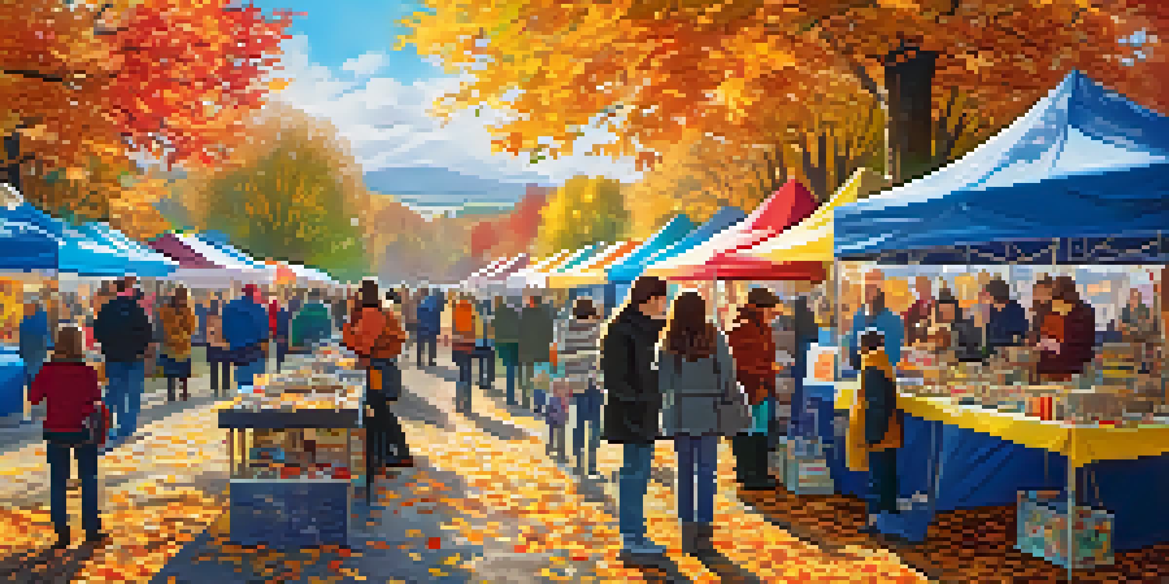 An outdoor art and craft fair with families enjoying various activities, surrounded by colorful stalls and autumn leaves.