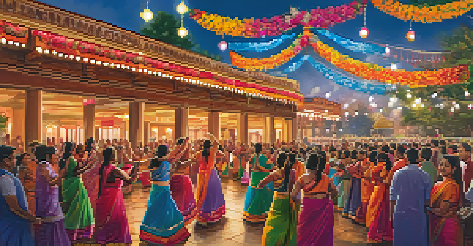 A lively festival celebration at a Hindu temple with people dancing and colorful decorations.