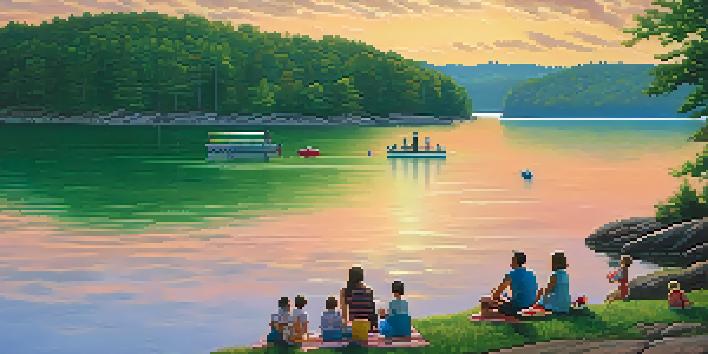 A picturesque sunset over Lake Lanier, with families picnicking and paddle boating in the foreground.