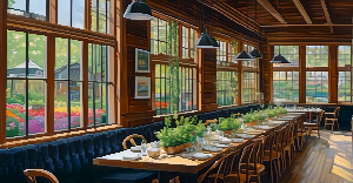 A rustic dining table in an Atlanta restaurant filled with colorful seasonal dishes made from fresh ingredients, with natural light coming through the window.