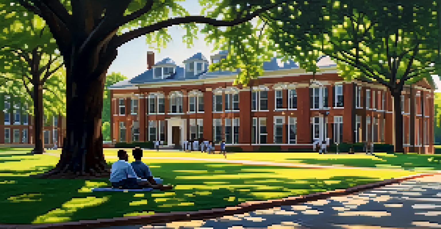 A peaceful scene of Morehouse College with students discussing under trees, showcasing its historic architecture and green campus.