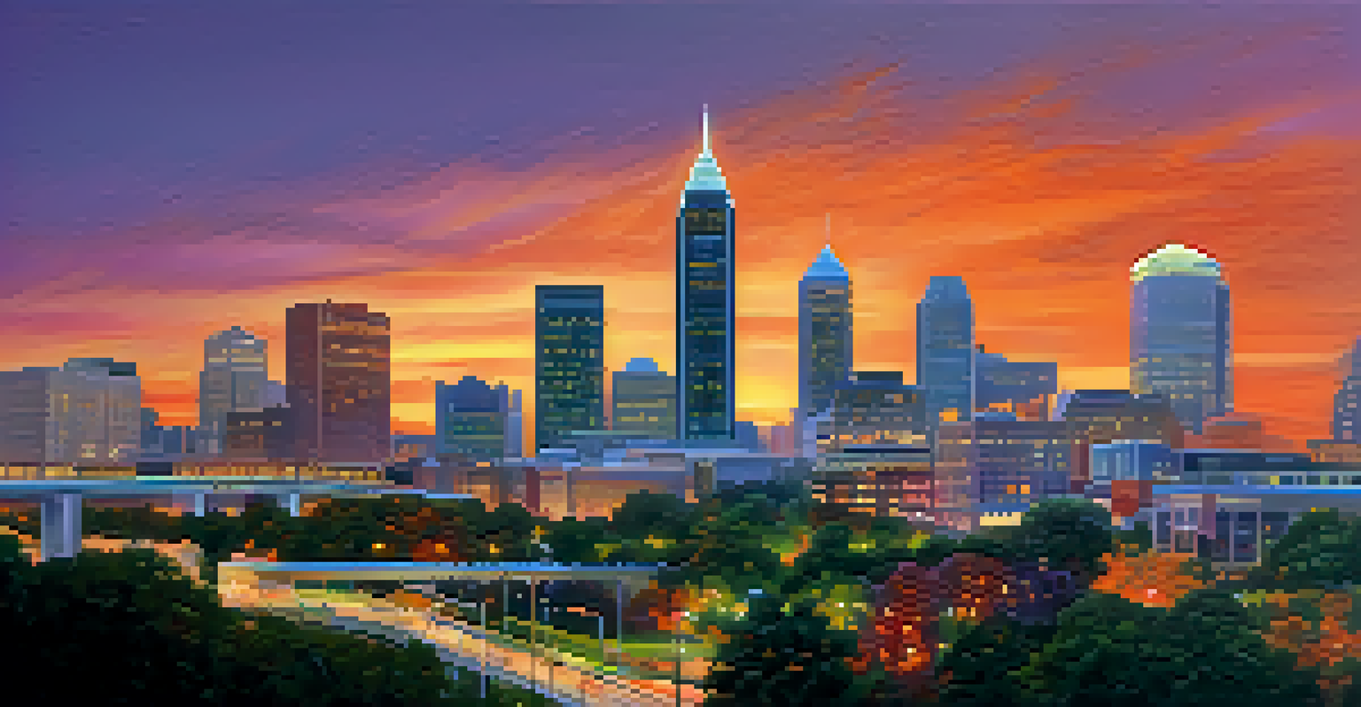 A scenic view of Atlanta's skyline at sunset, featuring a mix of modern skyscrapers and a lively park filled with people enjoying the evening.