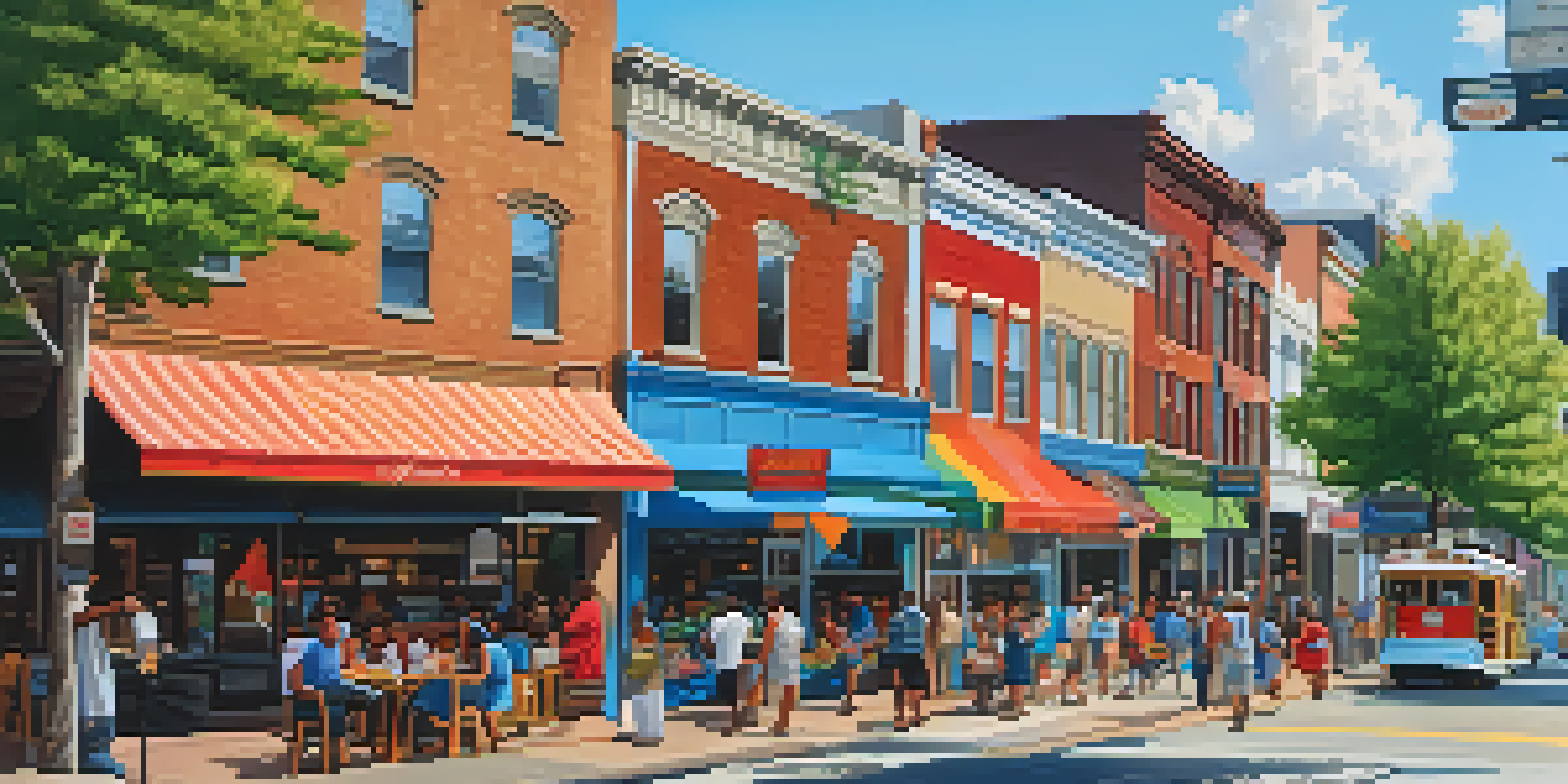 A busy street in Atlanta with colorful shops and outdoor dining, showcasing a lively small business scene.