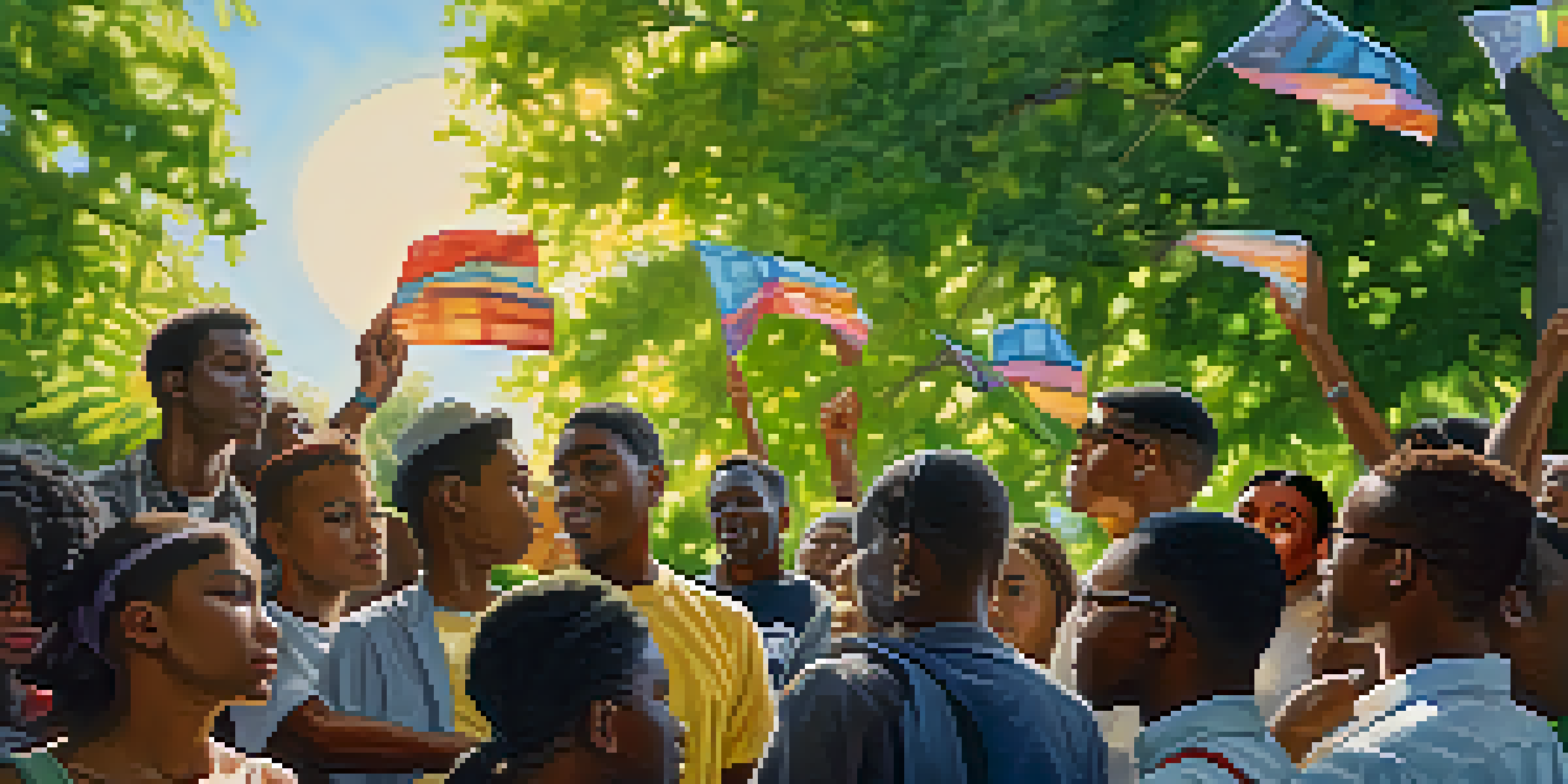 A diverse group of young activists in a park discussing civil rights, surrounded by greenery and colorful banners.