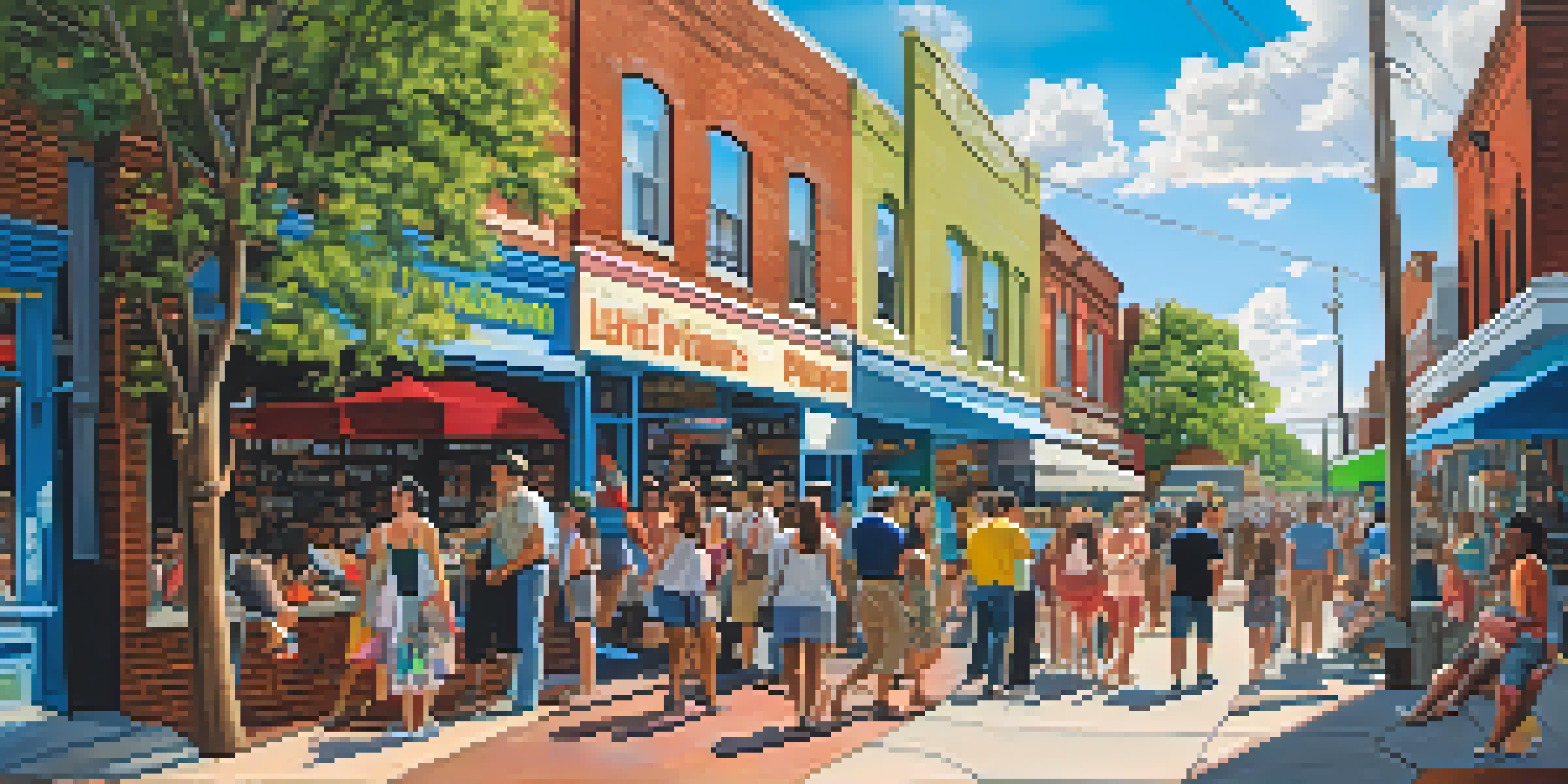 A busy street in Atlanta's Little Five Points with colorful murals, diverse people, and shops under a bright blue sky.