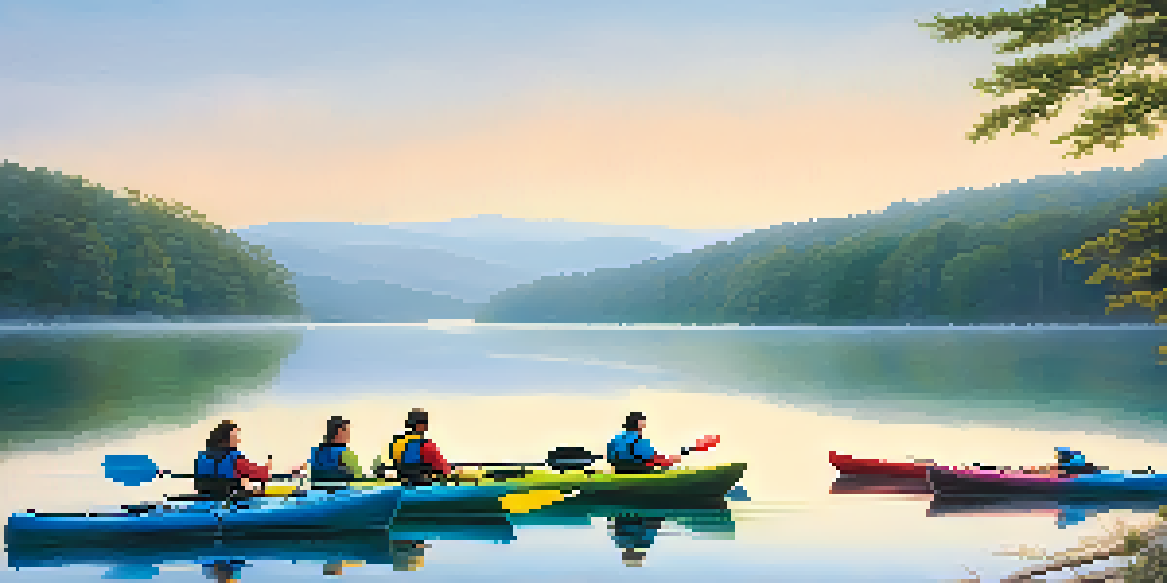 A peaceful morning at Lake Lanier with kayakers on calm waters surrounded by trees and mist.