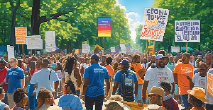 A diverse group of activists at a rally in Atlanta, holding colorful signs and banners for social justice under a sunny sky.