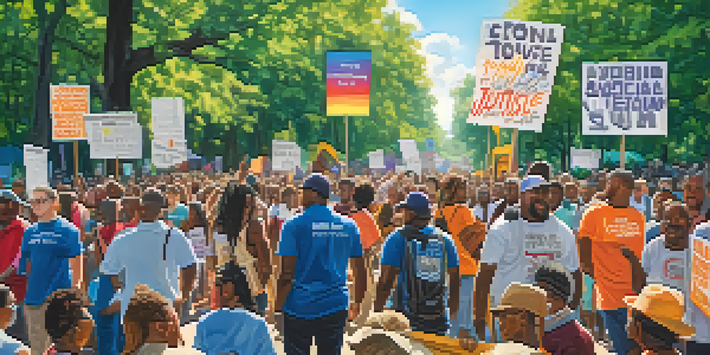 A diverse group of activists at a rally in Atlanta, holding colorful signs and banners for social justice under a sunny sky.
