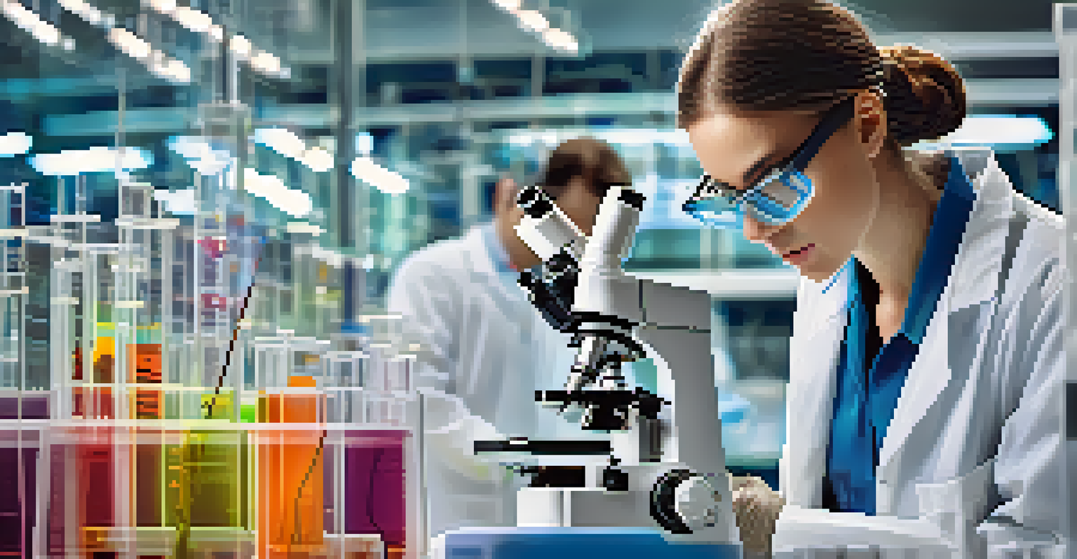 A researcher in a modern lab conducting experiments with advanced technology and colorful chemical reactions.