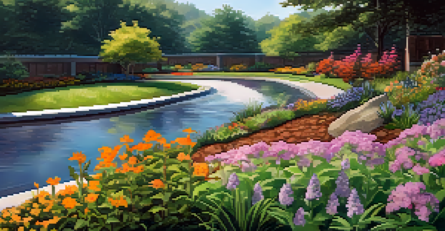 Close-up of a rain garden in Atlanta with native plants, rocks for stormwater management, and a butterfly amidst the foliage.
