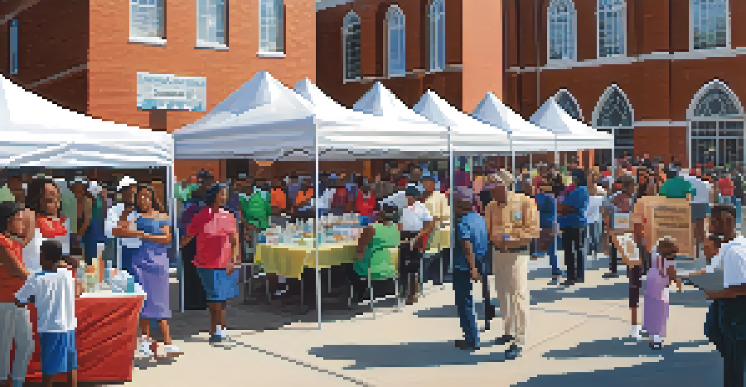 A community health fair taking place outside Ebenezer Baptist Church, with diverse attendees engaging with colorful booths and volunteers.