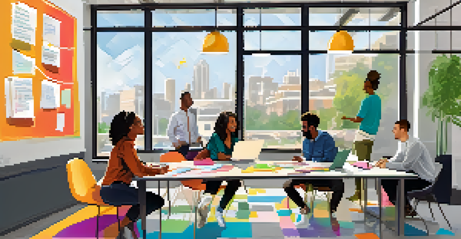 Inside a startup incubator showing diverse professionals brainstorming together around a table with bright natural light.