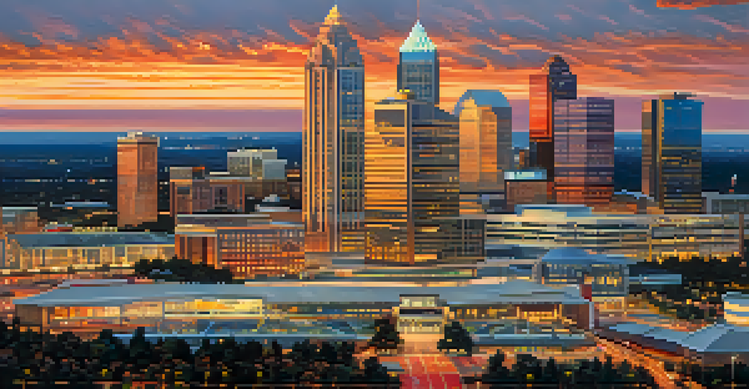 An aerial view of Atlanta's skyline during sunset, highlighting its skyscrapers and airport, with warm colors reflecting off the buildings.