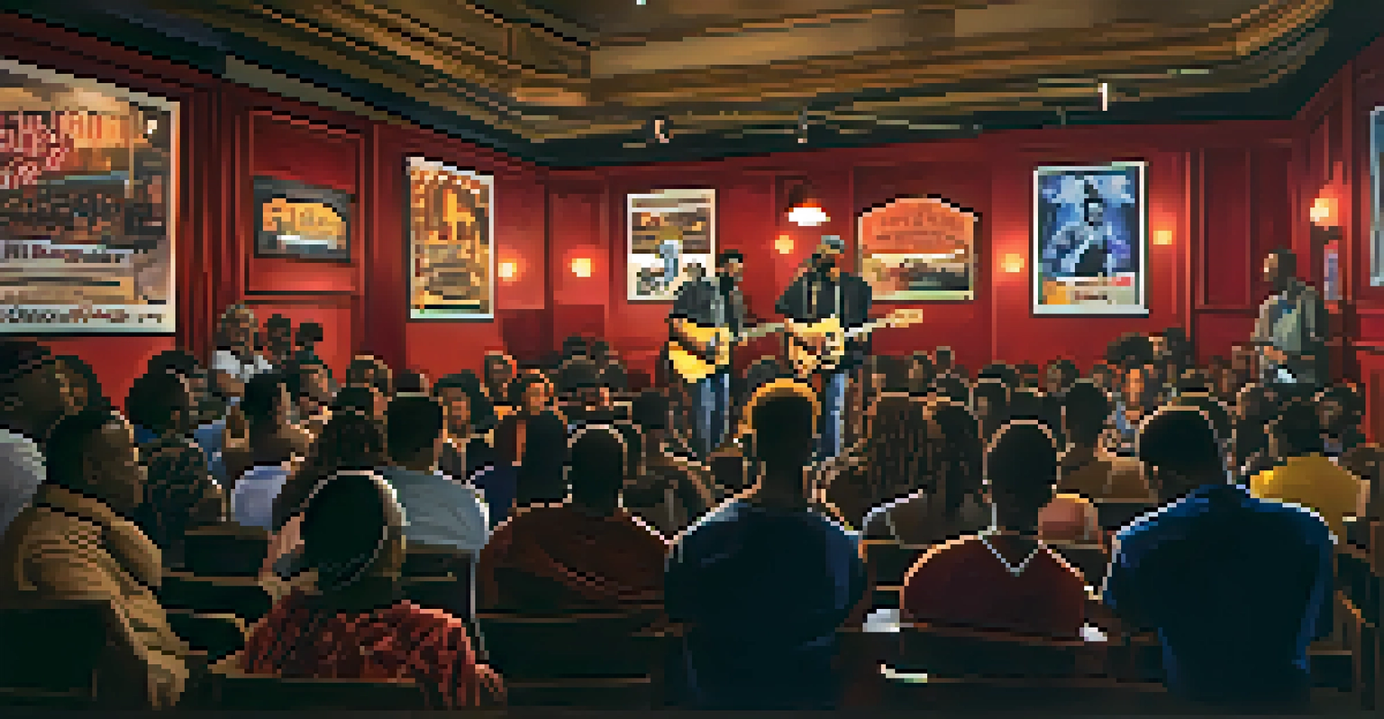 An intimate music venue in Atlanta with a soulful R&B artist performing on stage, warm lighting, and an audience captivated by the performance.