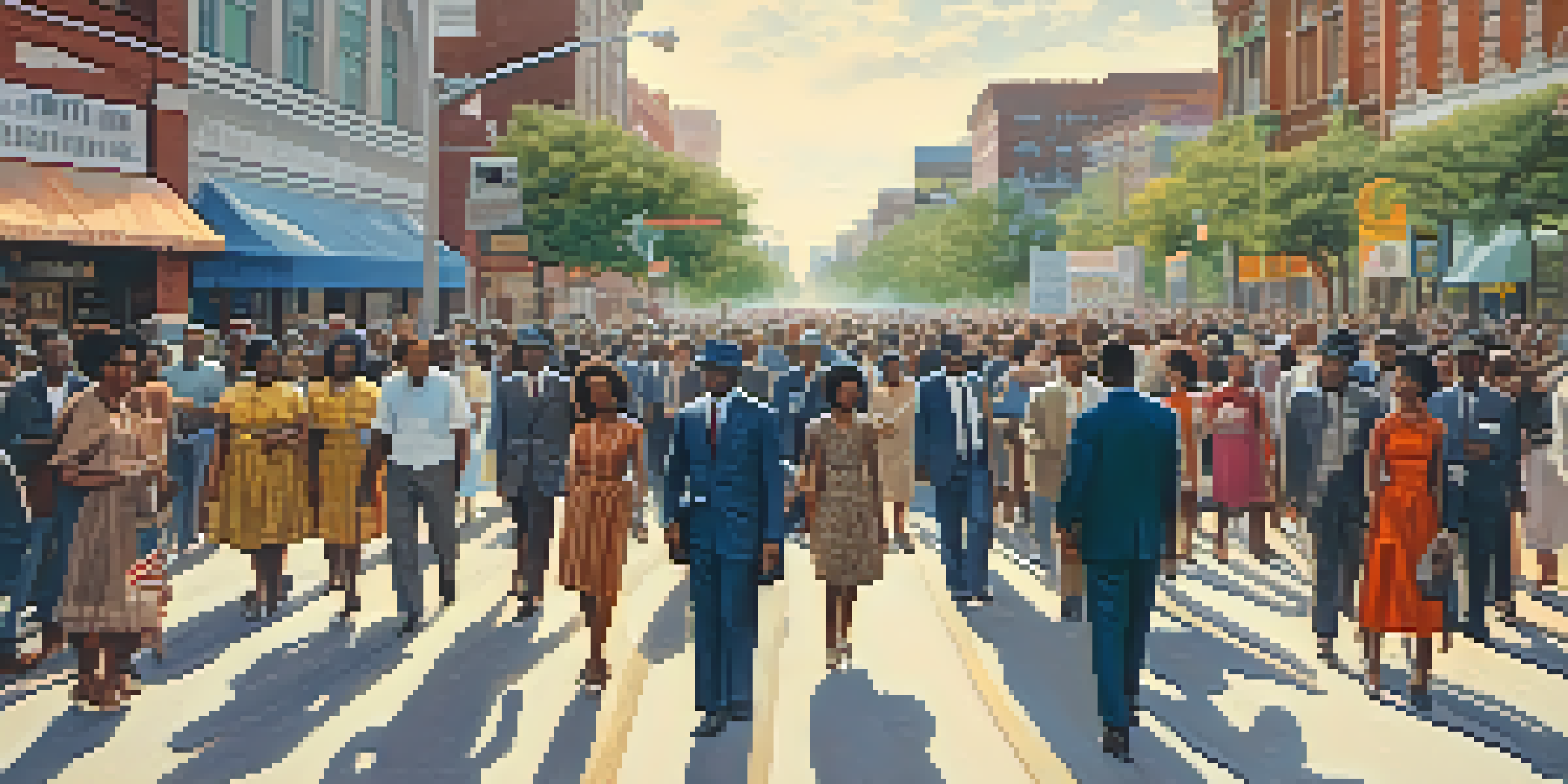 A lively Atlanta street filled with diverse individuals participating in a peaceful civil rights protest, with historic buildings and banners in the background.
