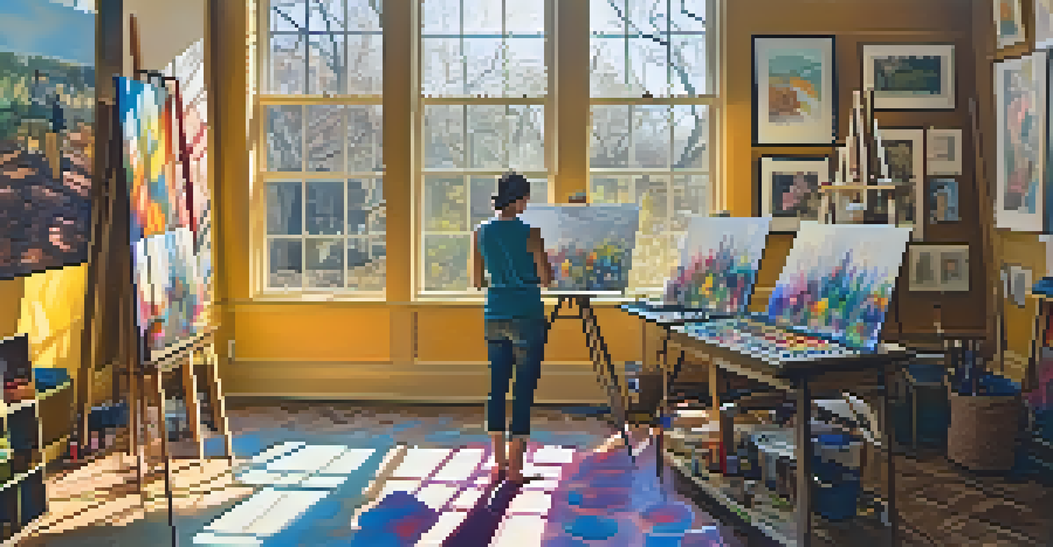 An artist working in a bright studio, surrounded by colorful paints and artworks, with sunlight streaming in through the windows.