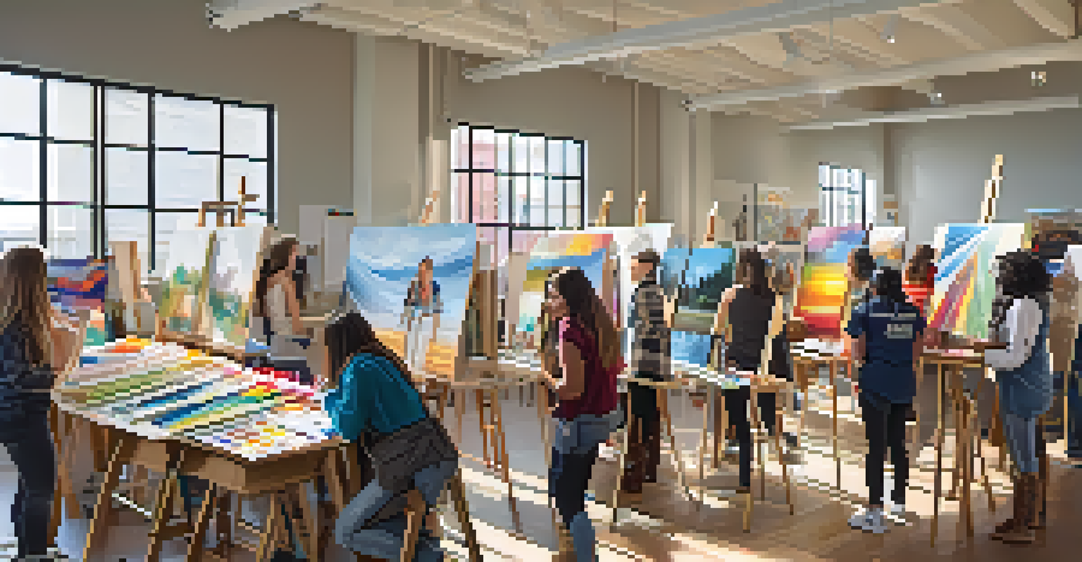 A lively art workshop at the Rialto Center, featuring students engaged in creating art with bright natural light and various art supplies around them.