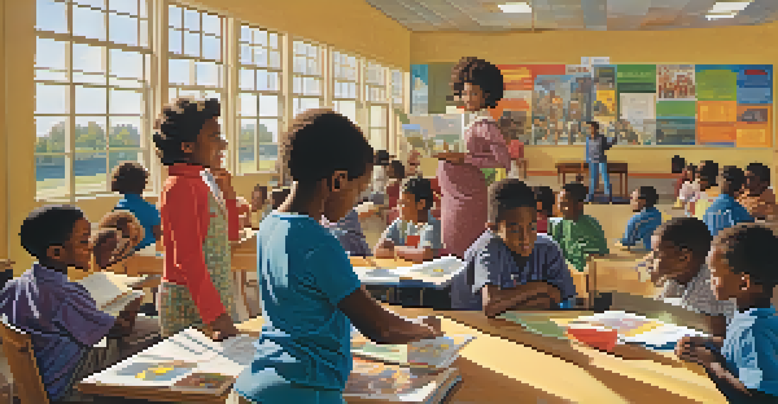 A community center in the 1970s with African American children engaged in educational activities, surrounded by colorful posters.