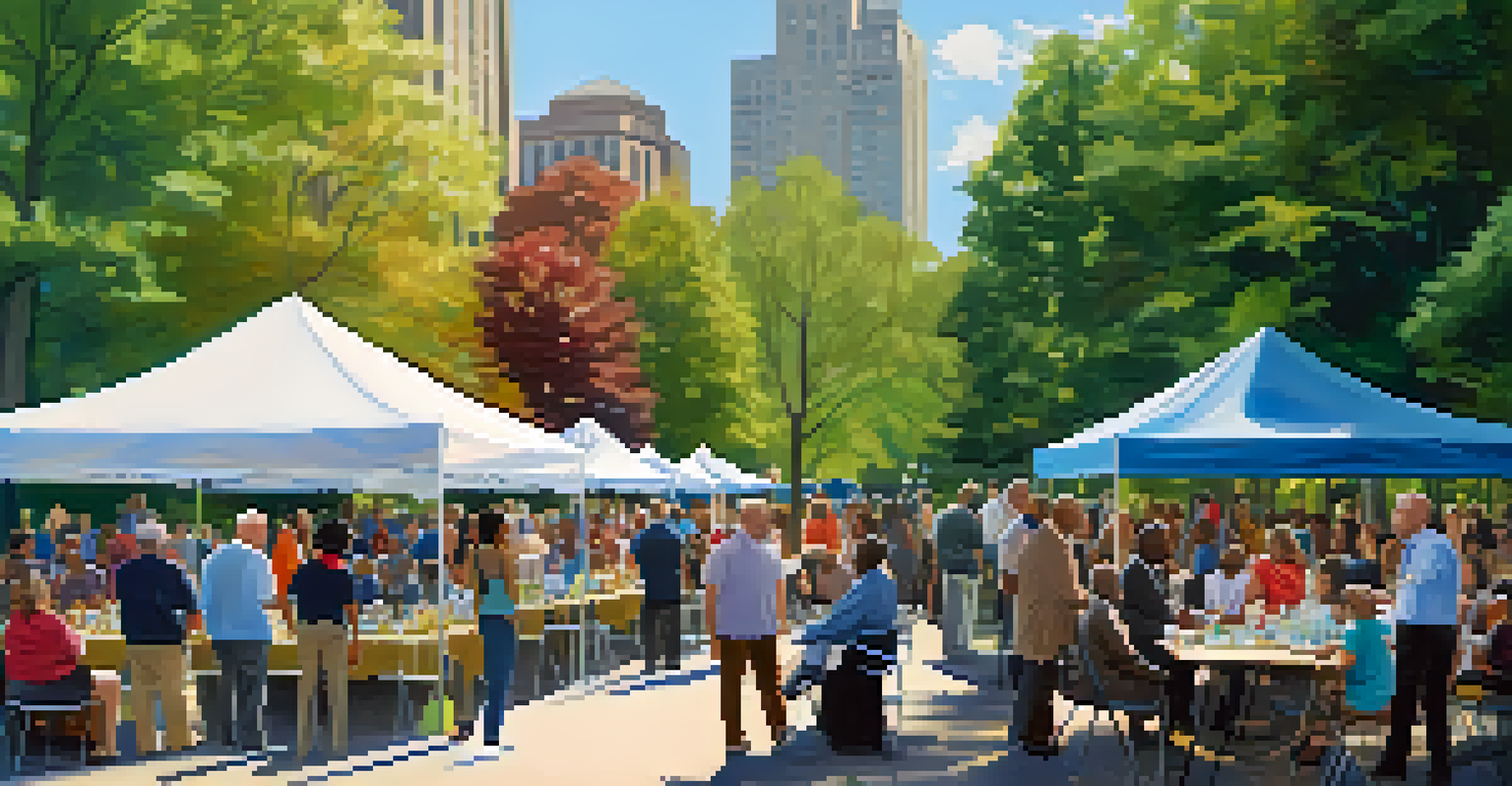 Residents engaging with city council members at an outdoor event in a park, surrounded by greenery and community information tables.
