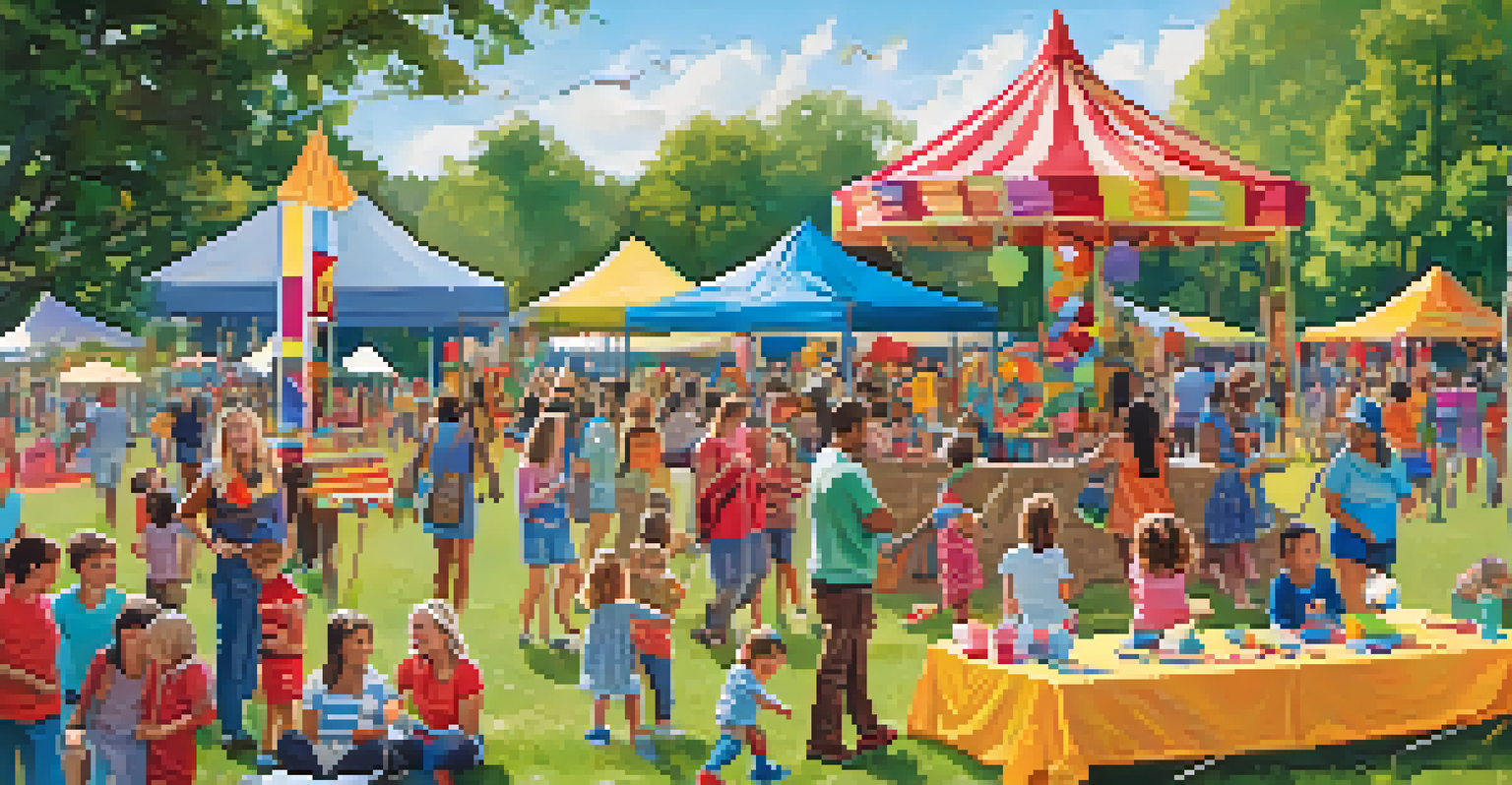 A joyful children's festival scene with kids enjoying face painting and puppet shows in a colorful park setting.